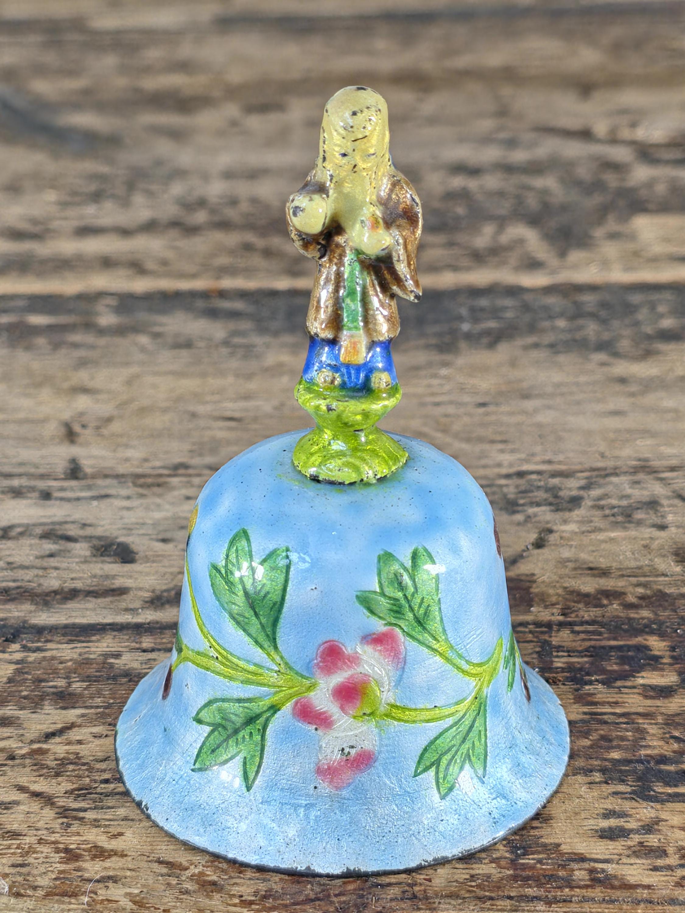 Vintage Hand Painted Enamel Metal Bell with Figure Handle, Marked CHINA