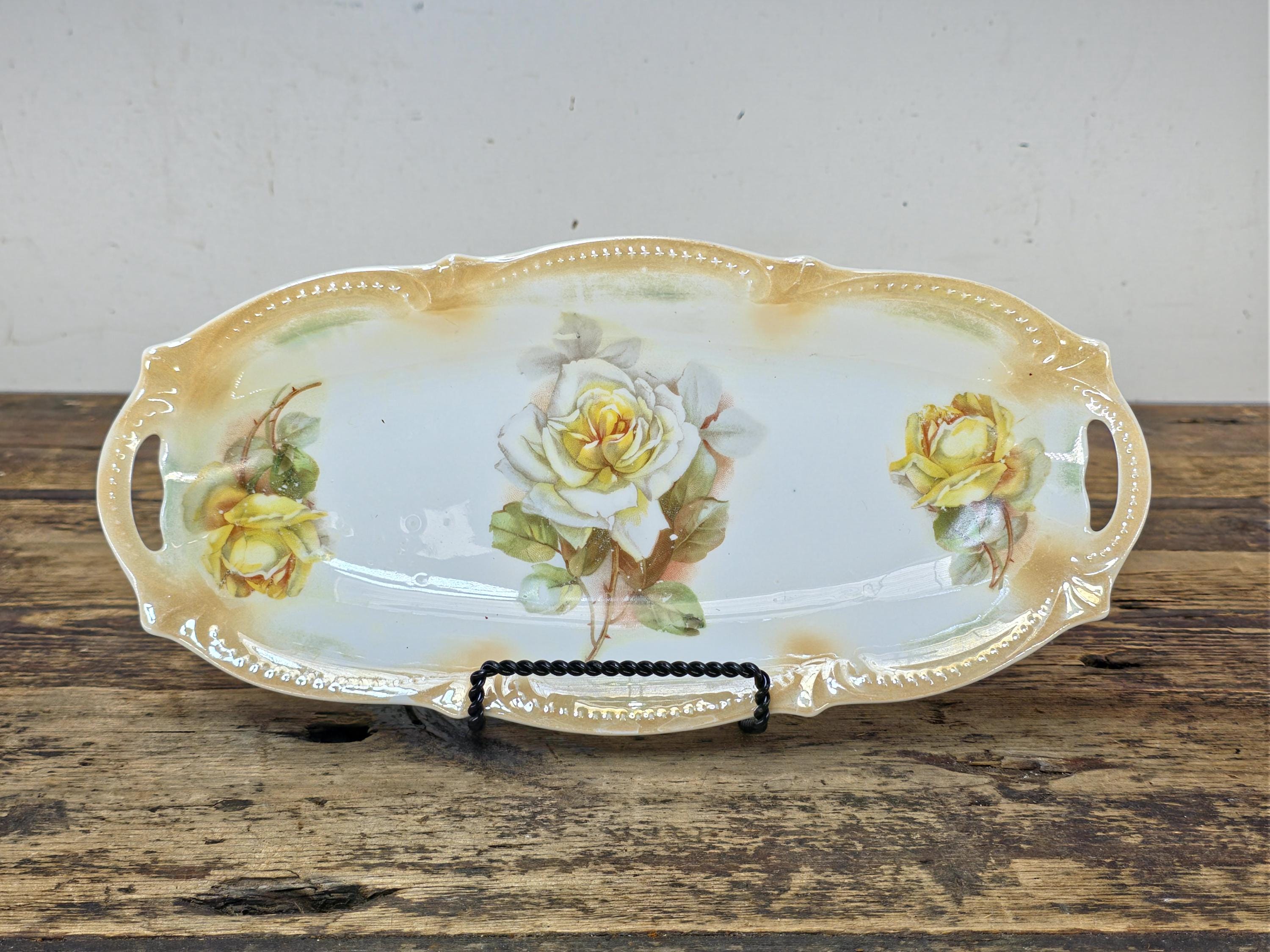 Antique PK Silesia Porcelain Oval Handled Tray Yellow Roses 12.25"