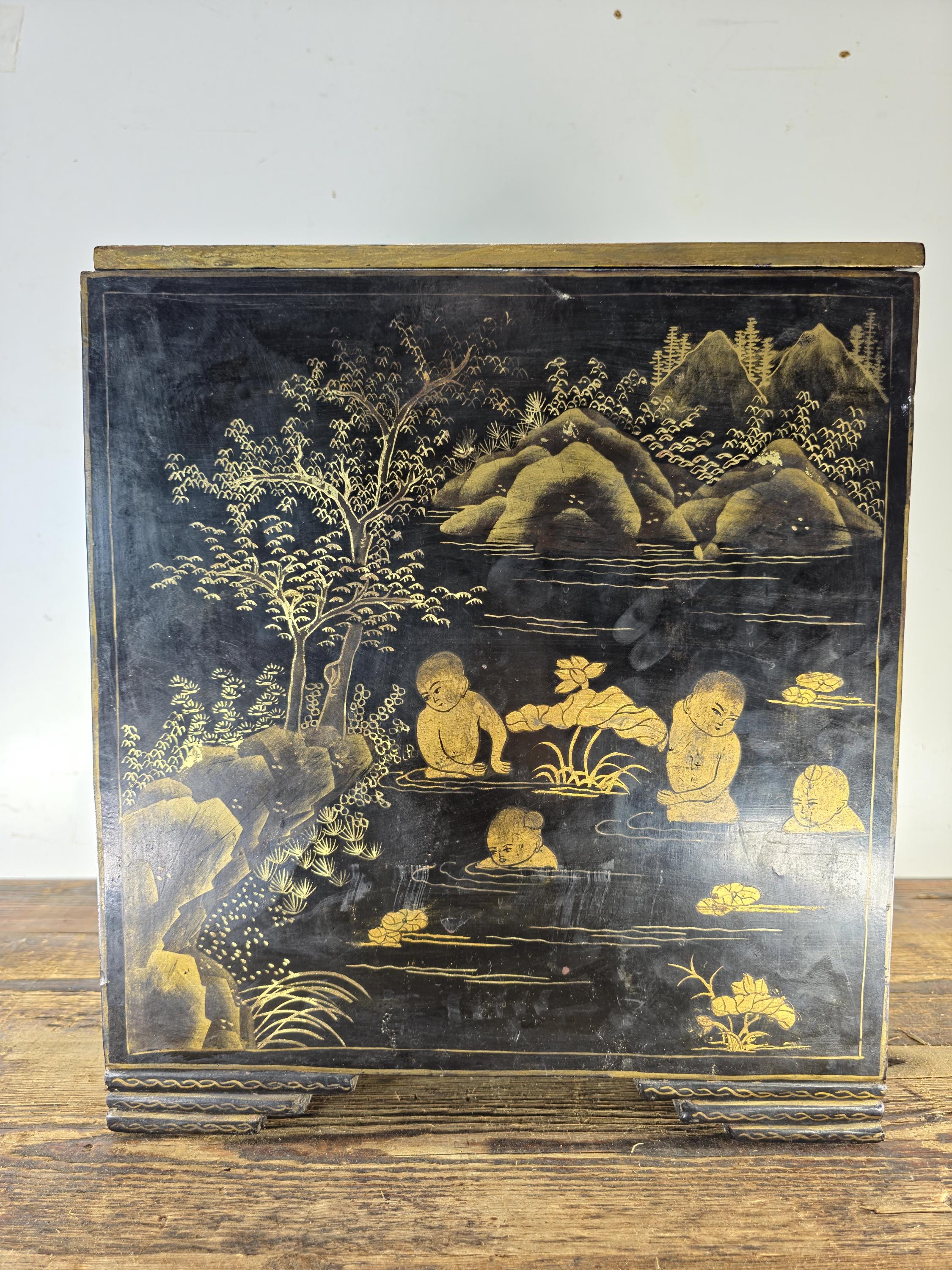 Chinese Antique Lacquer Box, Hundred Boys Motif, Drawers & Lift-Top 14.5"H