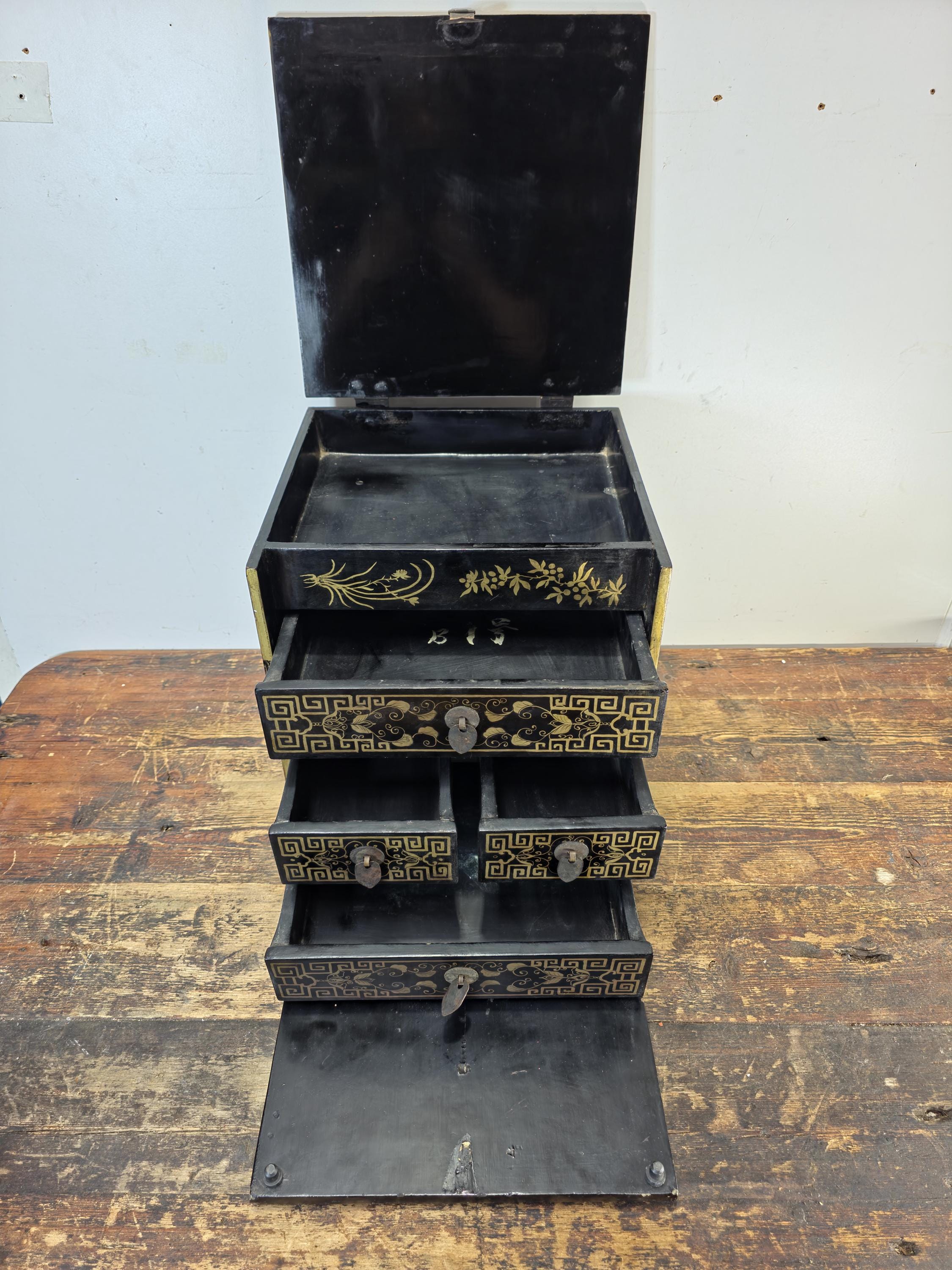 Chinese Antique Lacquer Box, Hundred Boys Motif, Drawers & Lift-Top 14.5"H