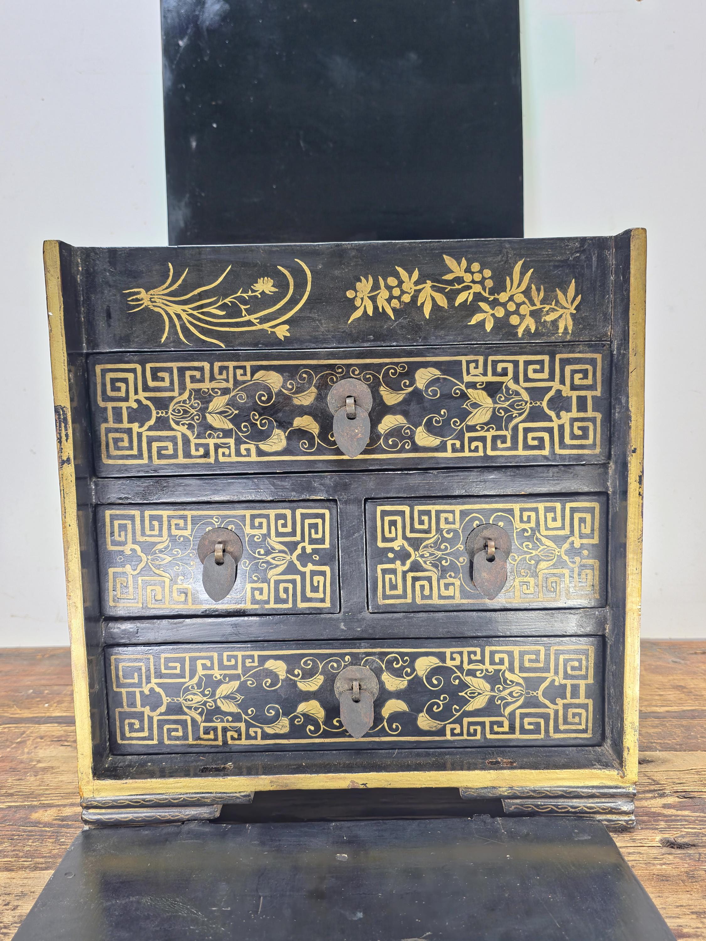 Chinese Antique Lacquer Box, Hundred Boys Motif, Drawers & Lift-Top 14.5"H