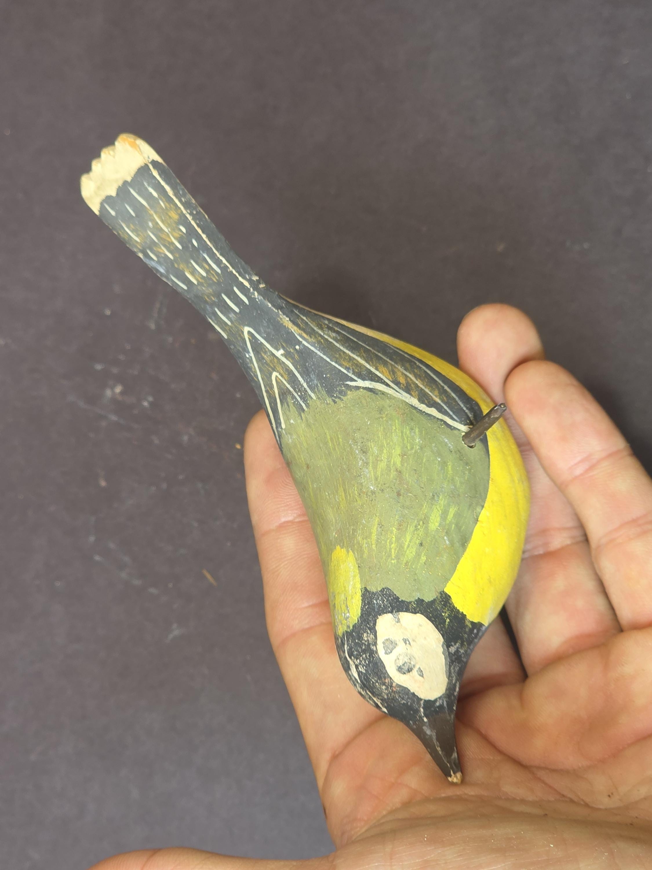 Svensk Slöjd Sweden Hand Carved Painted Wooden Bird — Green Yellow Folk Art Deco