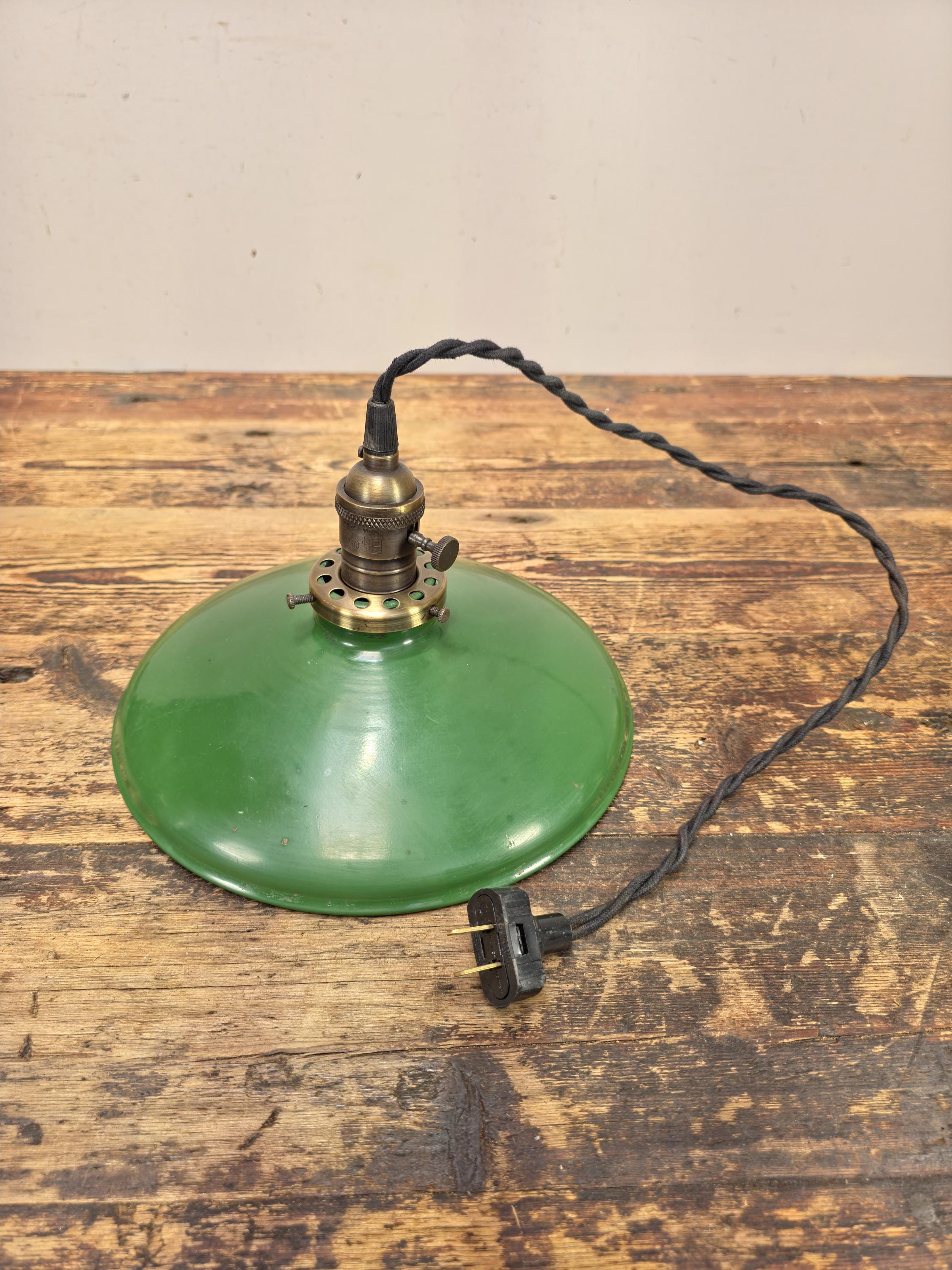 Vintage Green Enamel Pendant Light 10" Shade w/ GBPL Brass Socket