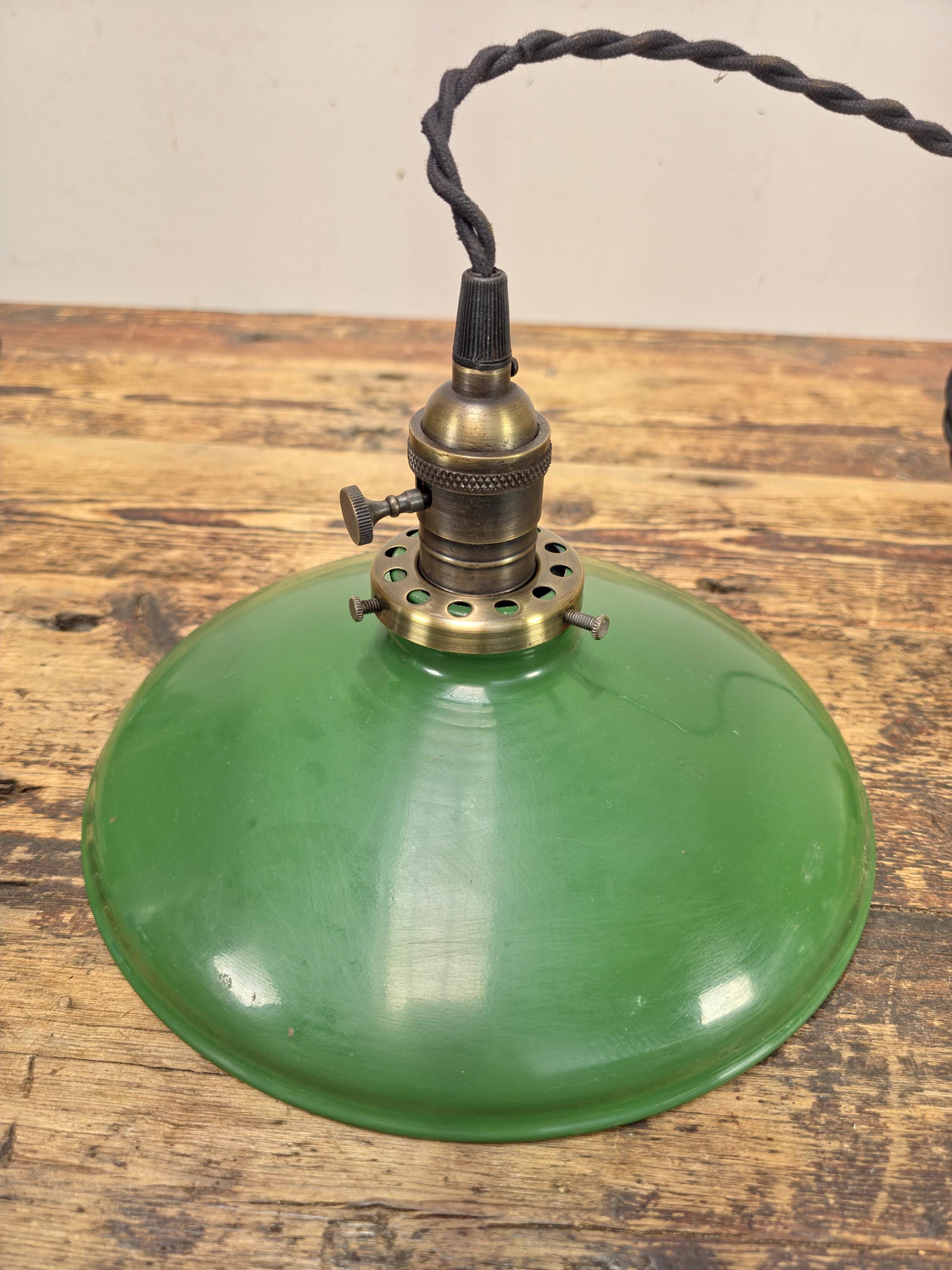 Vintage Green Enamel Pendant Light 10" Shade w/ GBPL Brass Socket