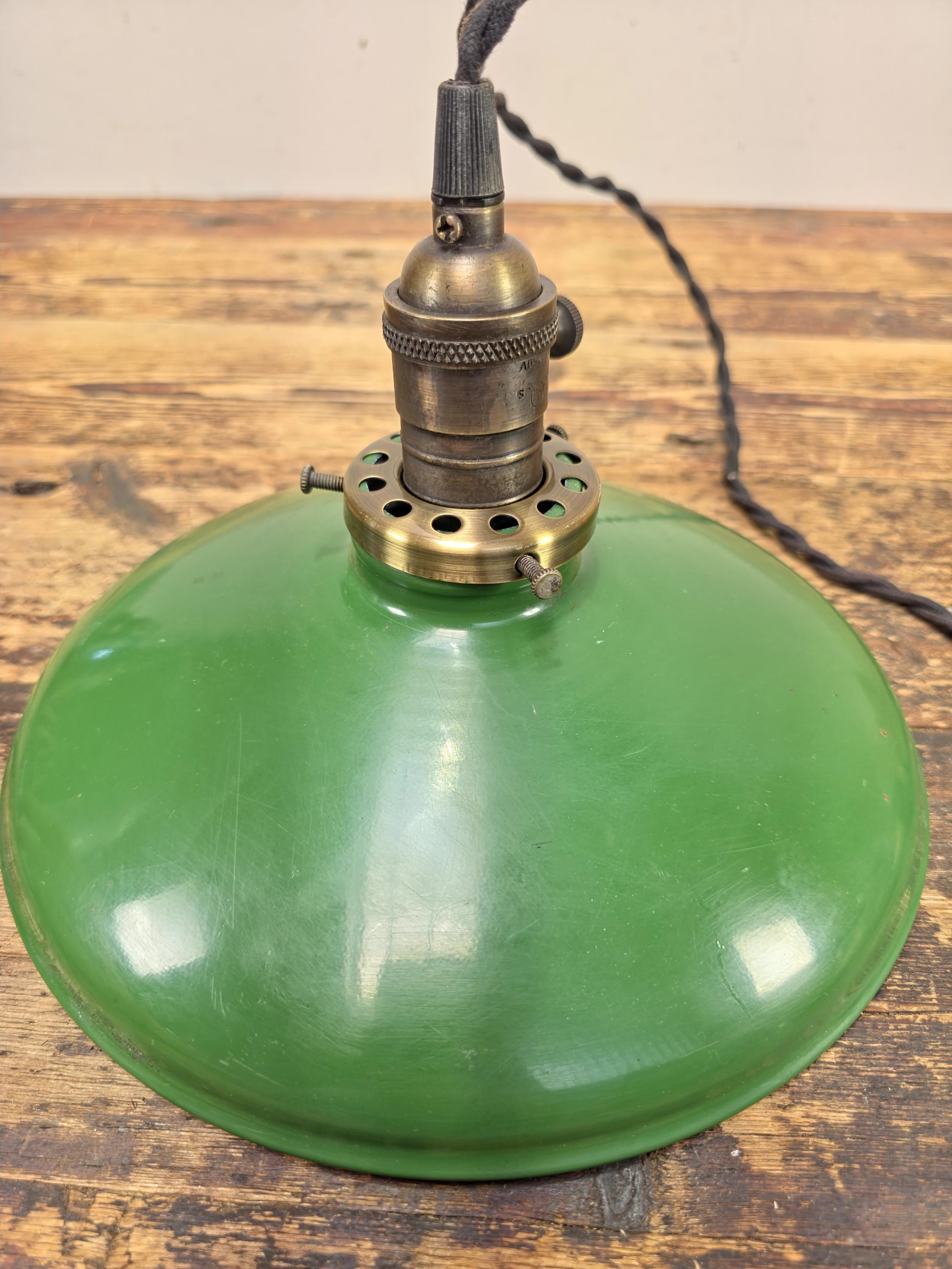 Vintage Green Enamel Pendant Light 10" Shade w/ GBPL Brass Socket
