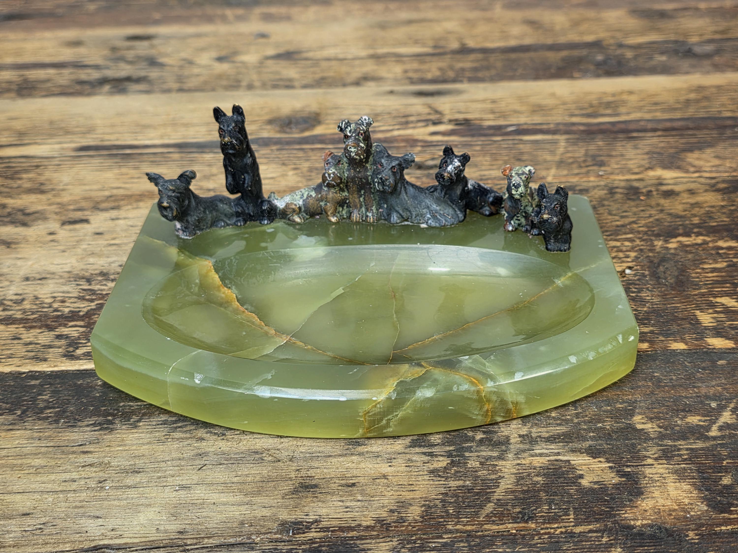 Rare Austrian Cold Painted Bronze Terrier Group on Green Onyx Tray c.1930