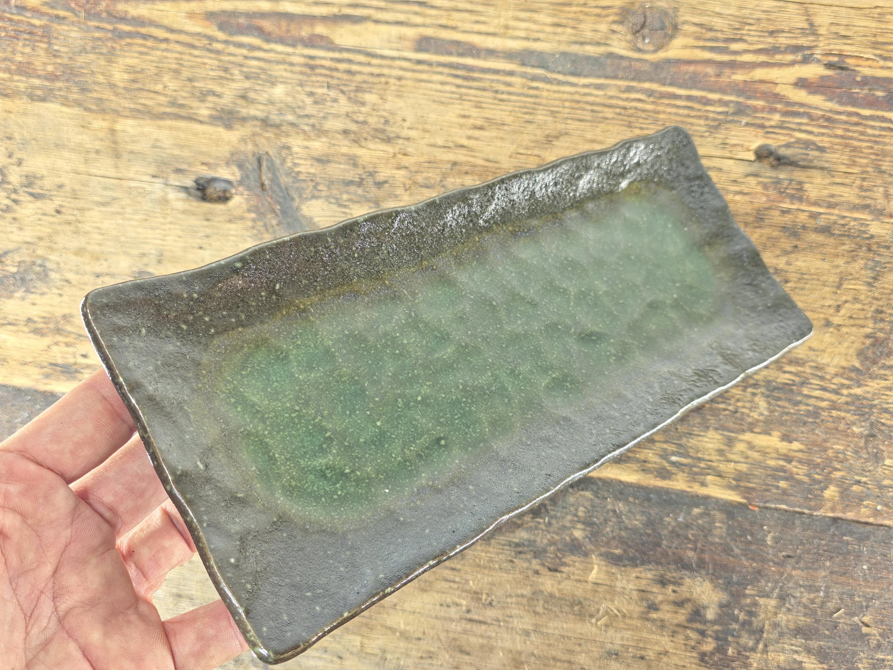 Japanese Mino Ware Rectangular Sushi Plate Green Brown Glaze 11.25" Japan