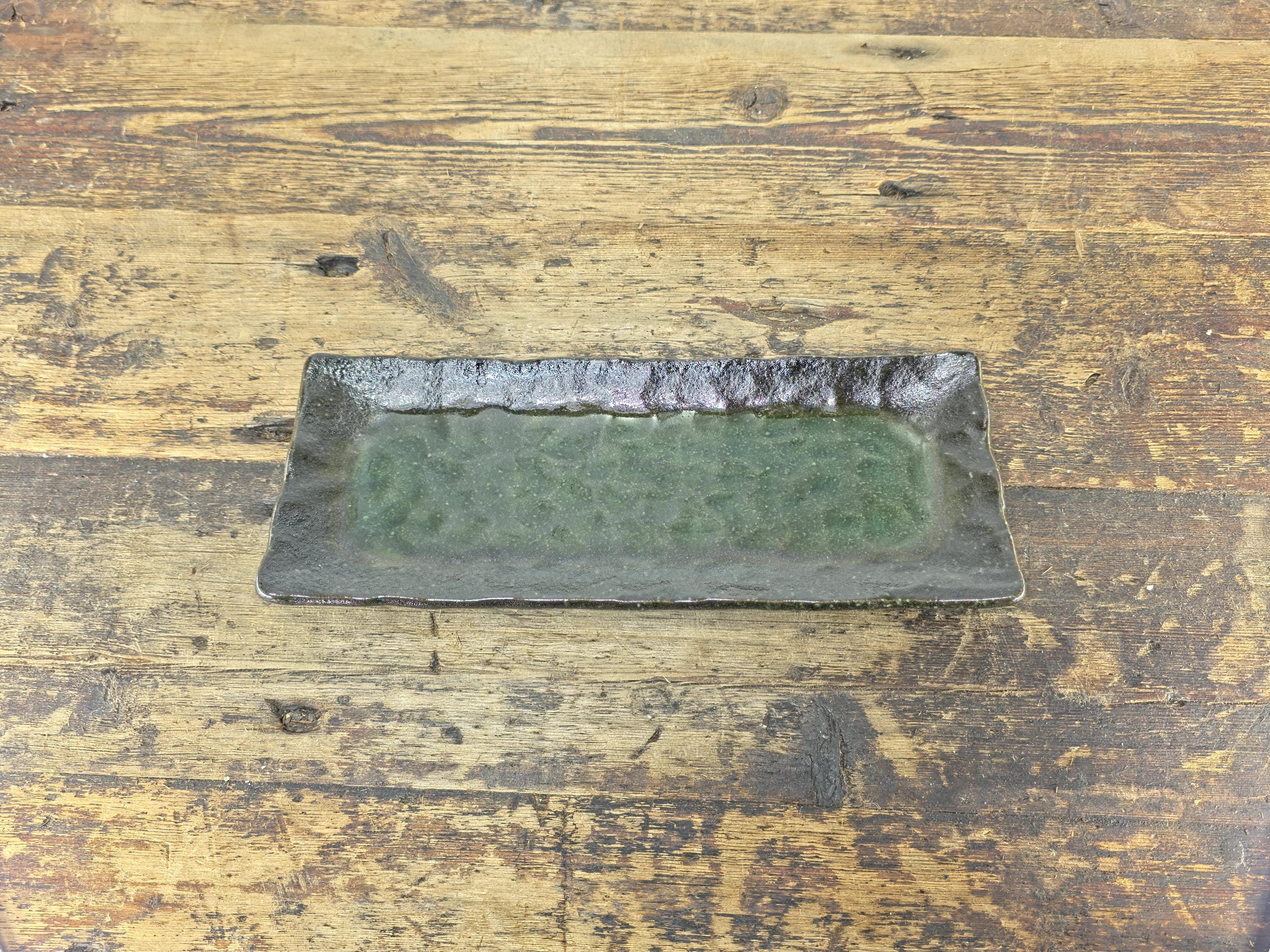 Japanese Mino Ware Rectangular Sushi Plate Green Brown Glaze 11.25" Japan