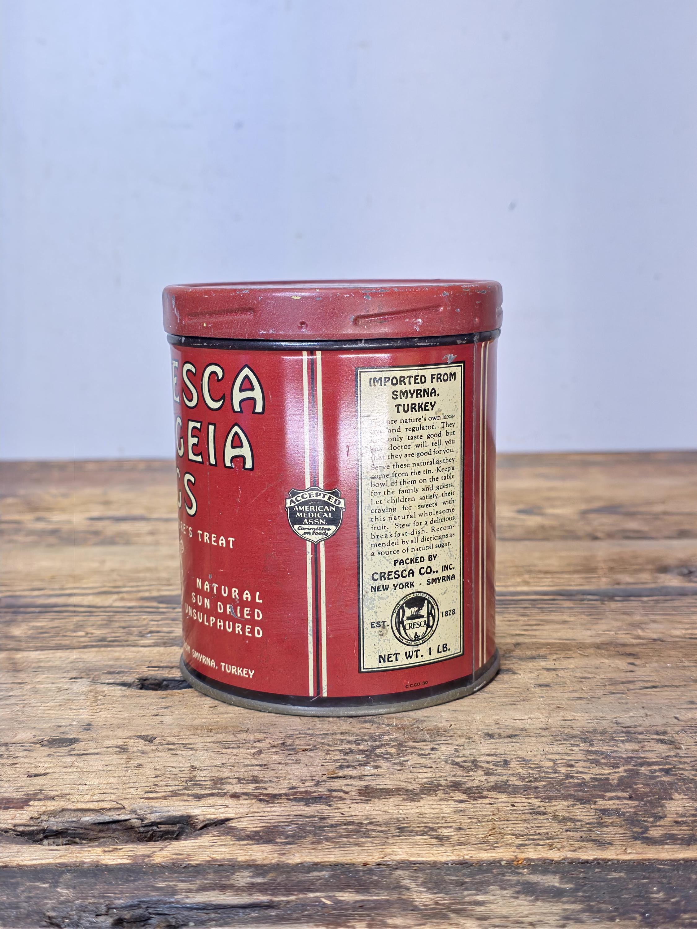 Vintage 1940s Cresca Hygeia Figs Lithographed Tin Can, Smyrna Turkey 1 lb