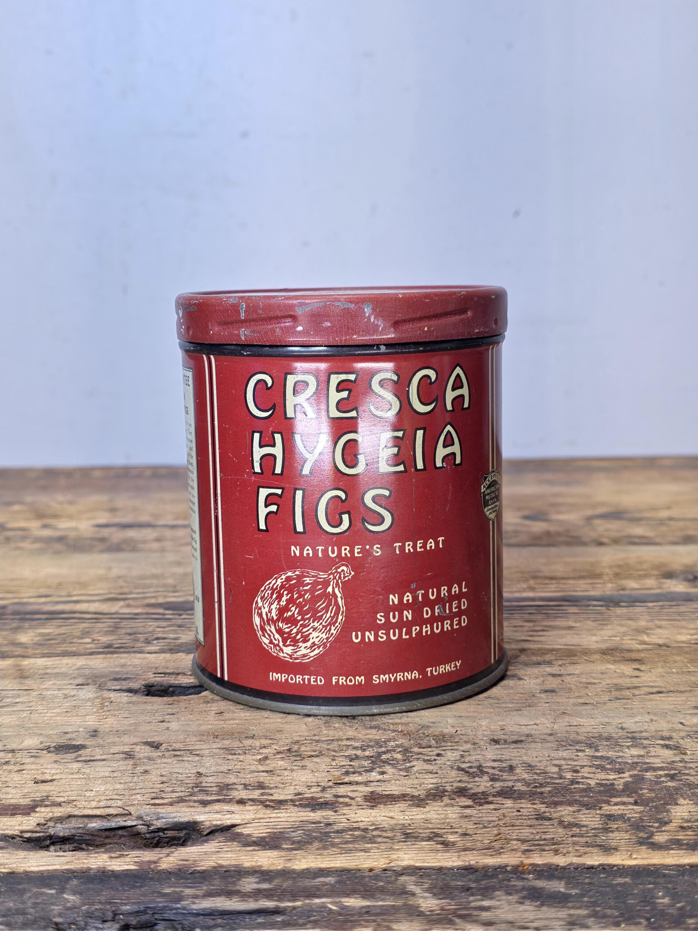 Vintage 1940s Cresca Hygeia Figs Lithographed Tin Can, Smyrna Turkey 1 lb