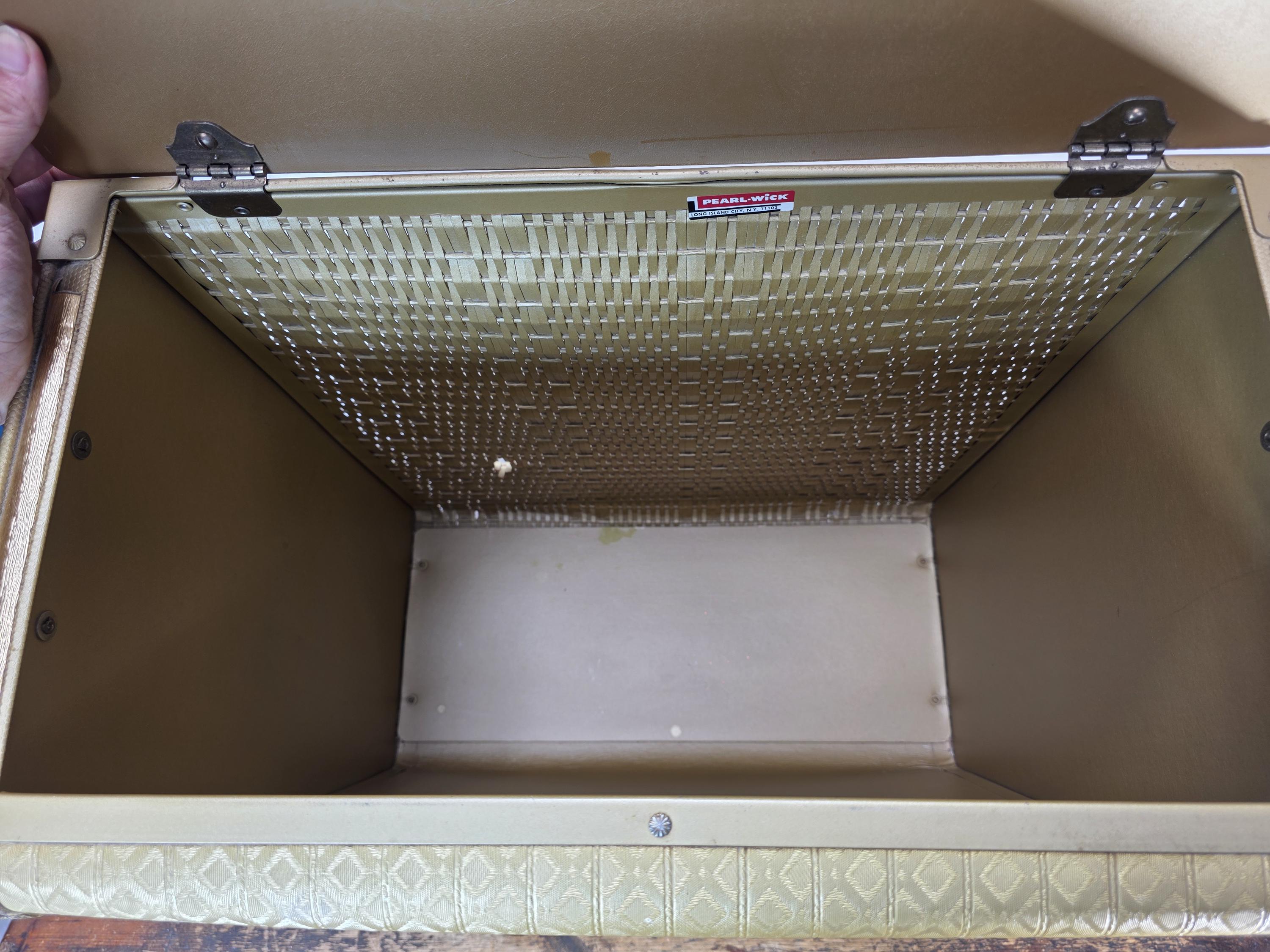 Vintage Pearl-Wick Clothes Hamper Gold Vinyl Woven Pattern 1960s Mid Century