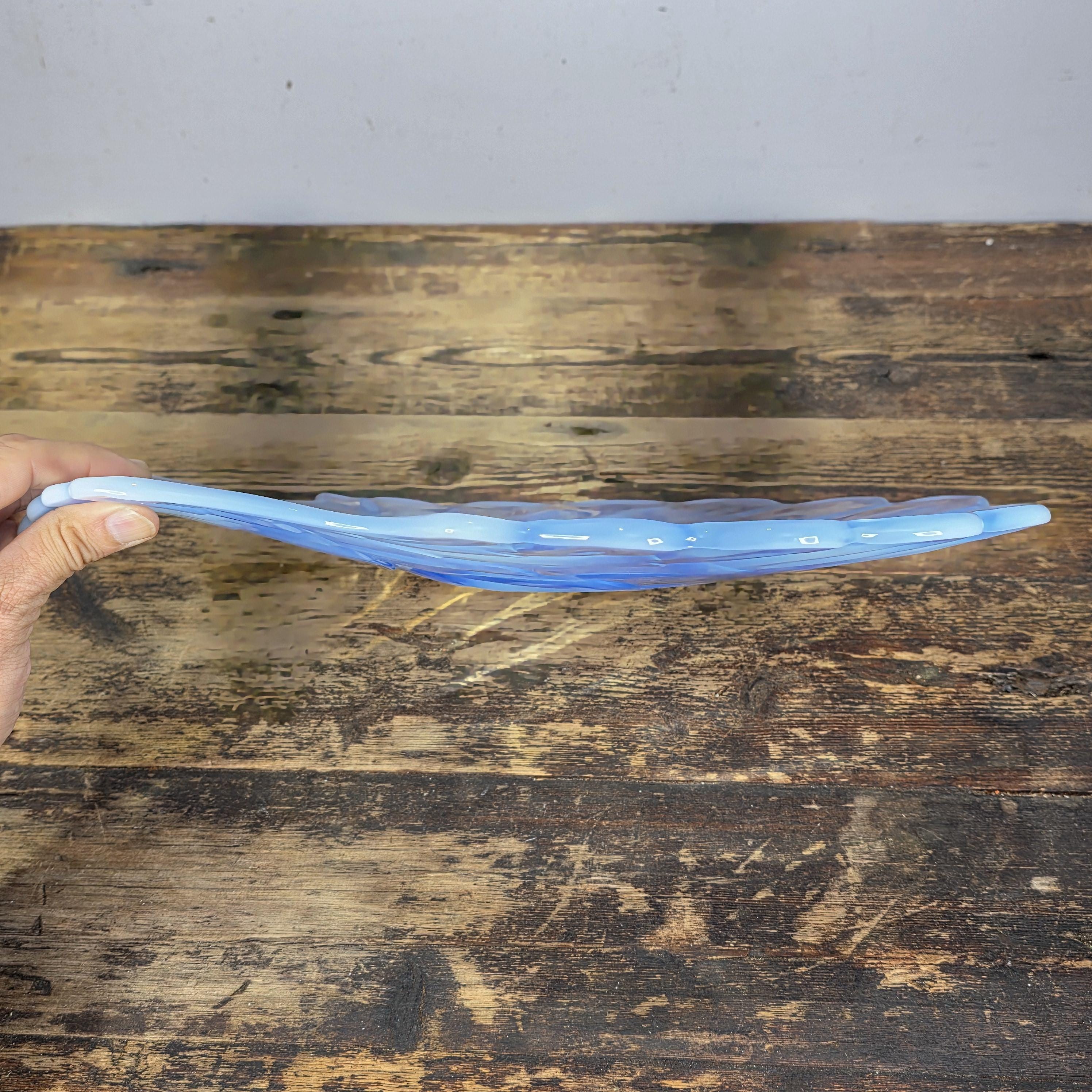 Large Opalescent Blue Glass Shell Platter, Attributed to Duncan & Miller 15"L