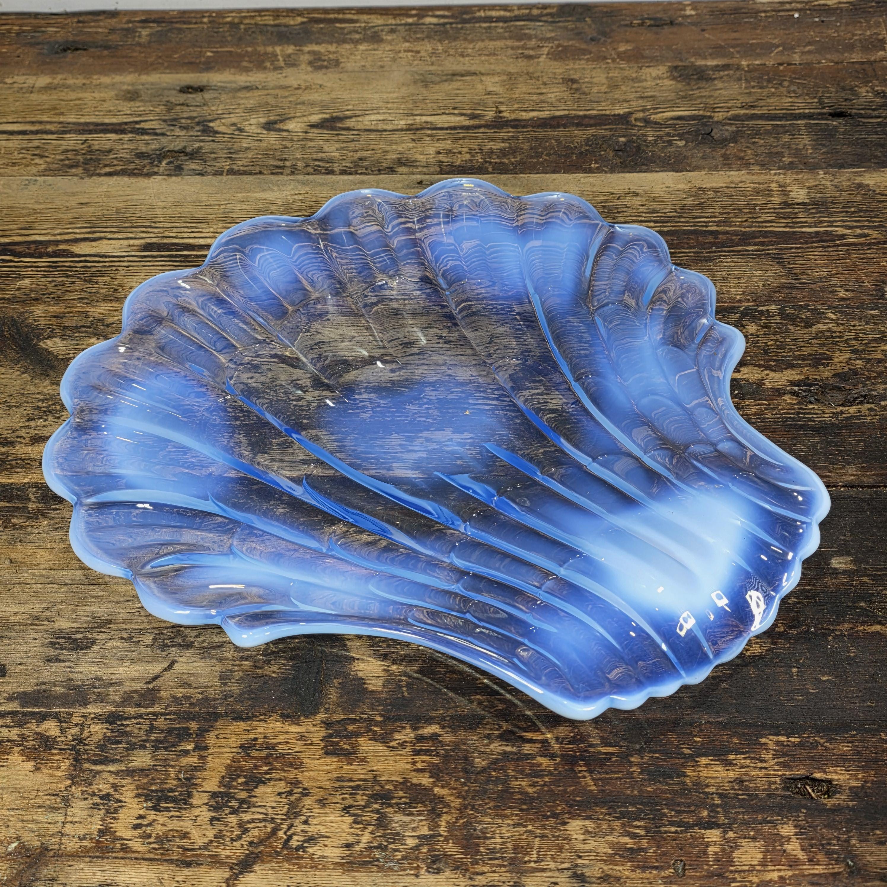 Large Opalescent Blue Glass Shell Platter, Attributed to Duncan & Miller 15"L