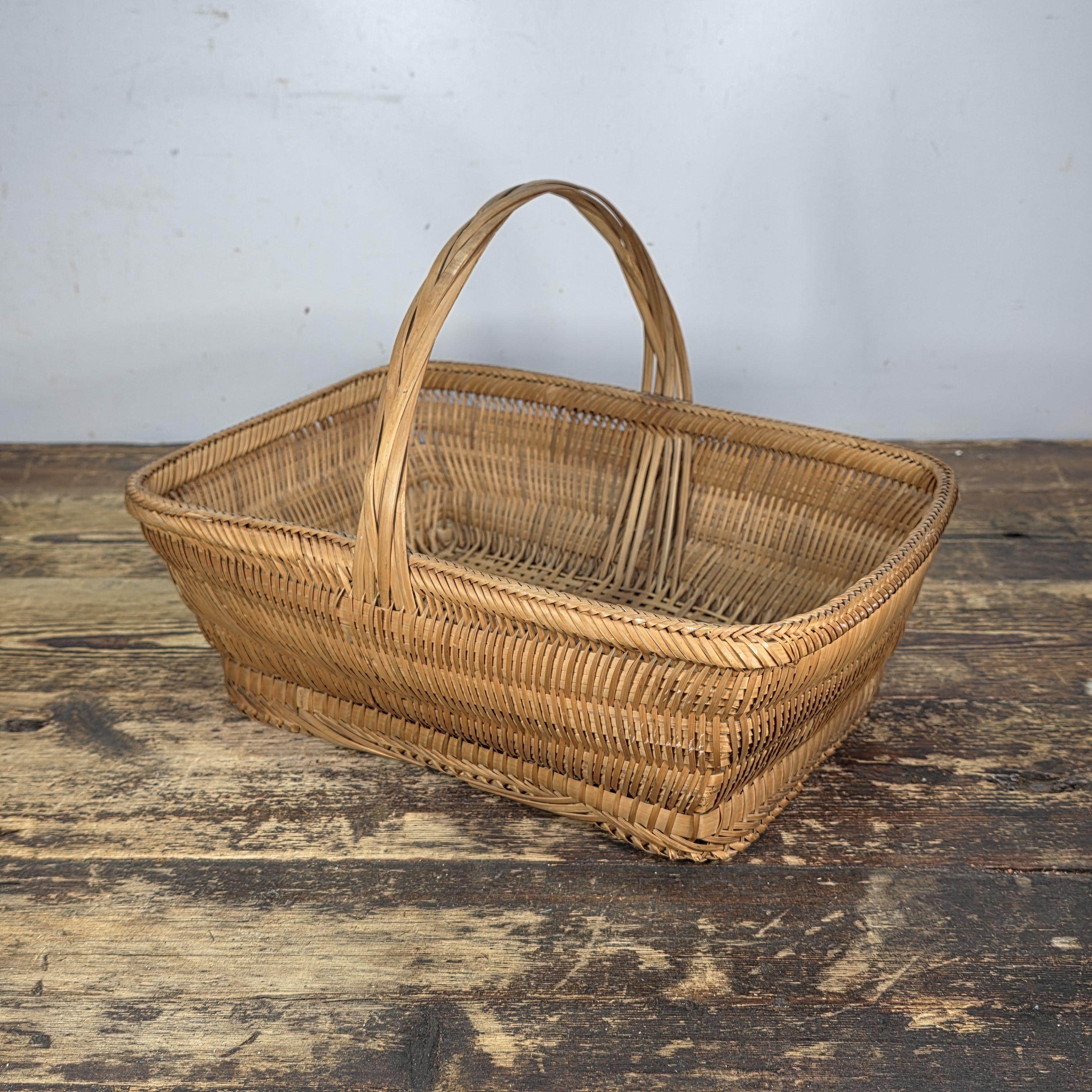 Vintage Handwoven Rectangular Wicker Basket with Handle 14.25"L × 9.5"W