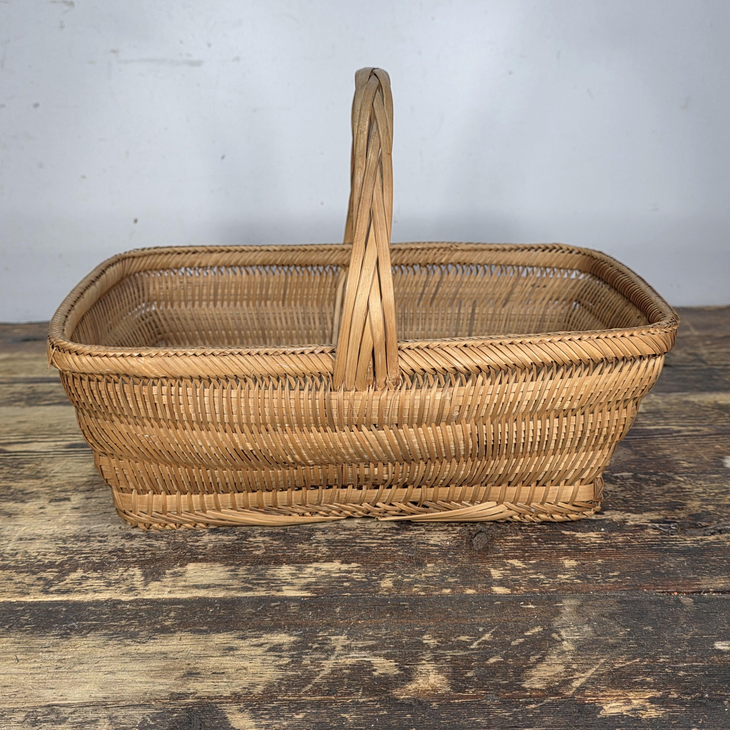 Vintage Handwoven Rectangular Wicker Basket with Handle 14.25"L × 9.5"W