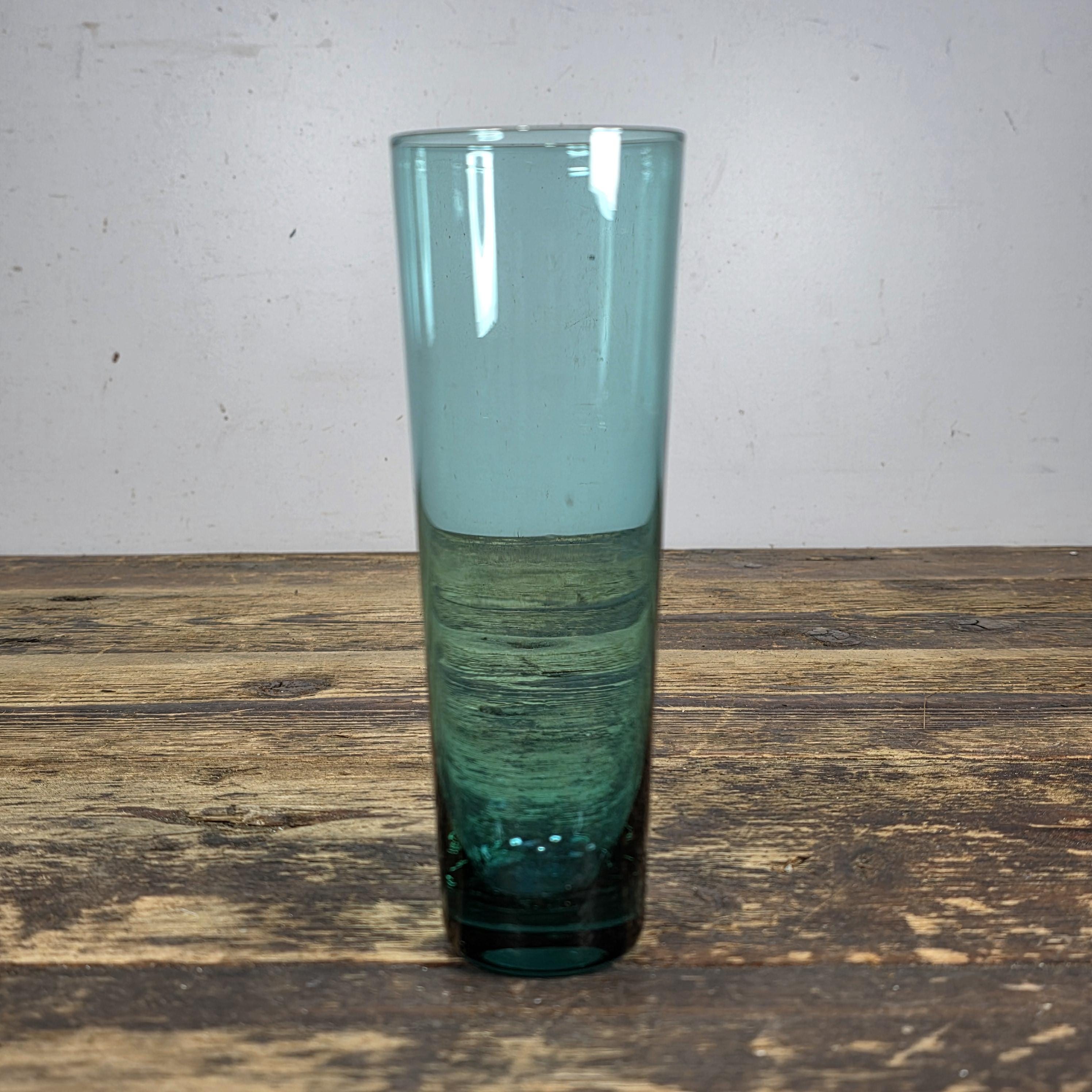 Vintage Hand Blown Aqua Blue Glass Tumbler — Mid-Century Modern Style 6.25"H