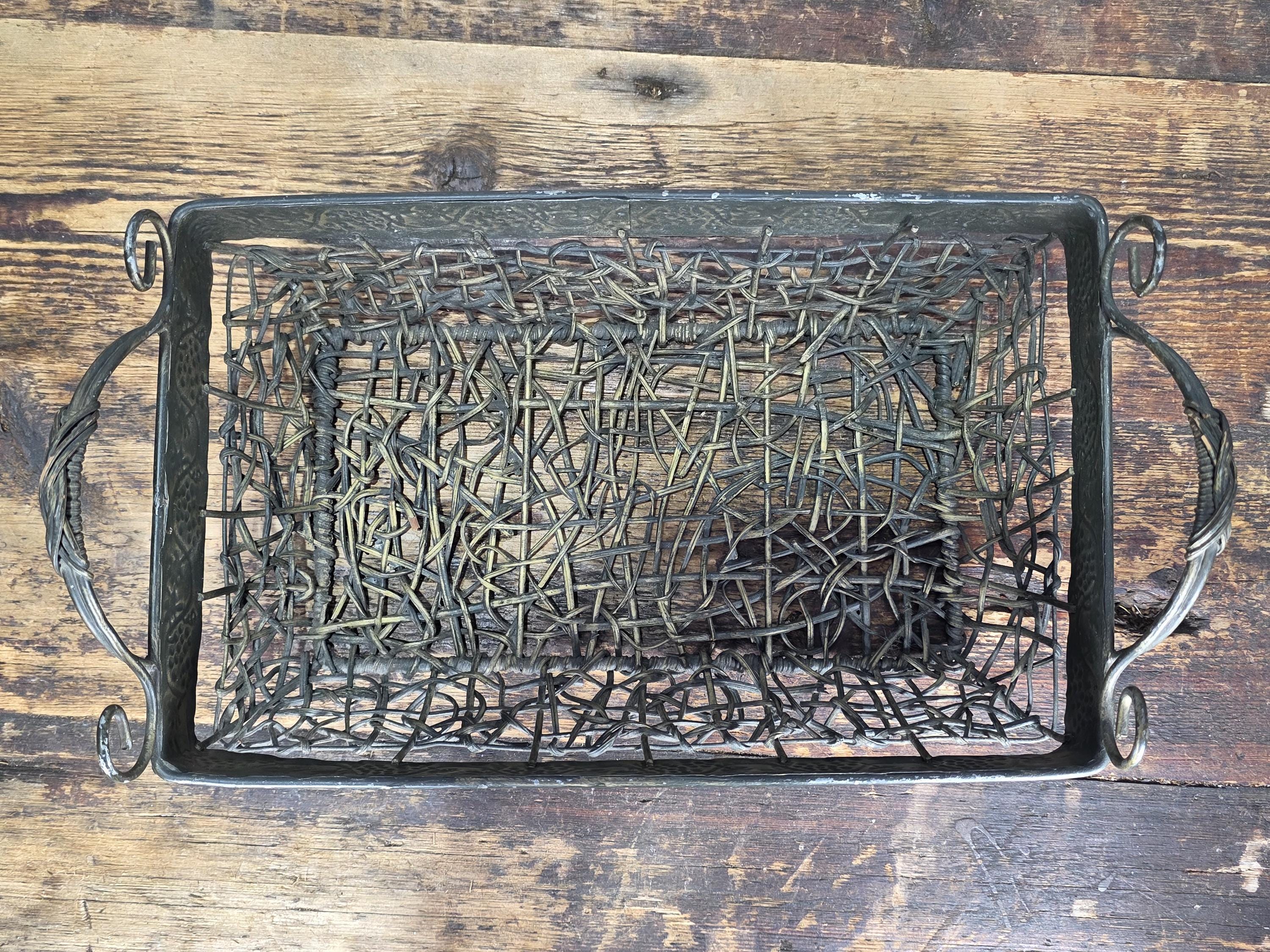 Vintage Bronze Tone Metal & Wicker Rectangular Basket with Handles