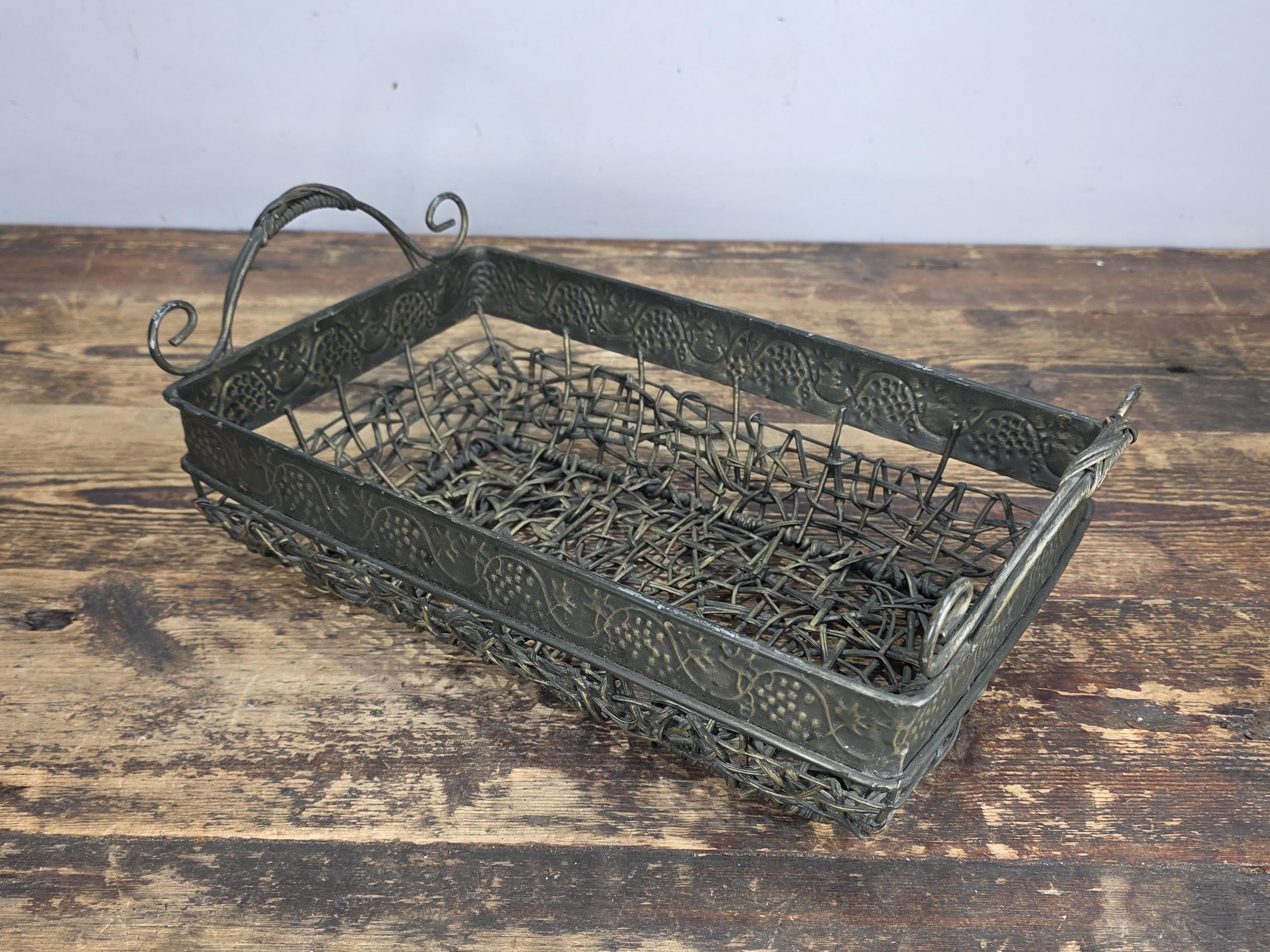 Vintage Bronze Tone Metal & Wicker Rectangular Basket with Handles