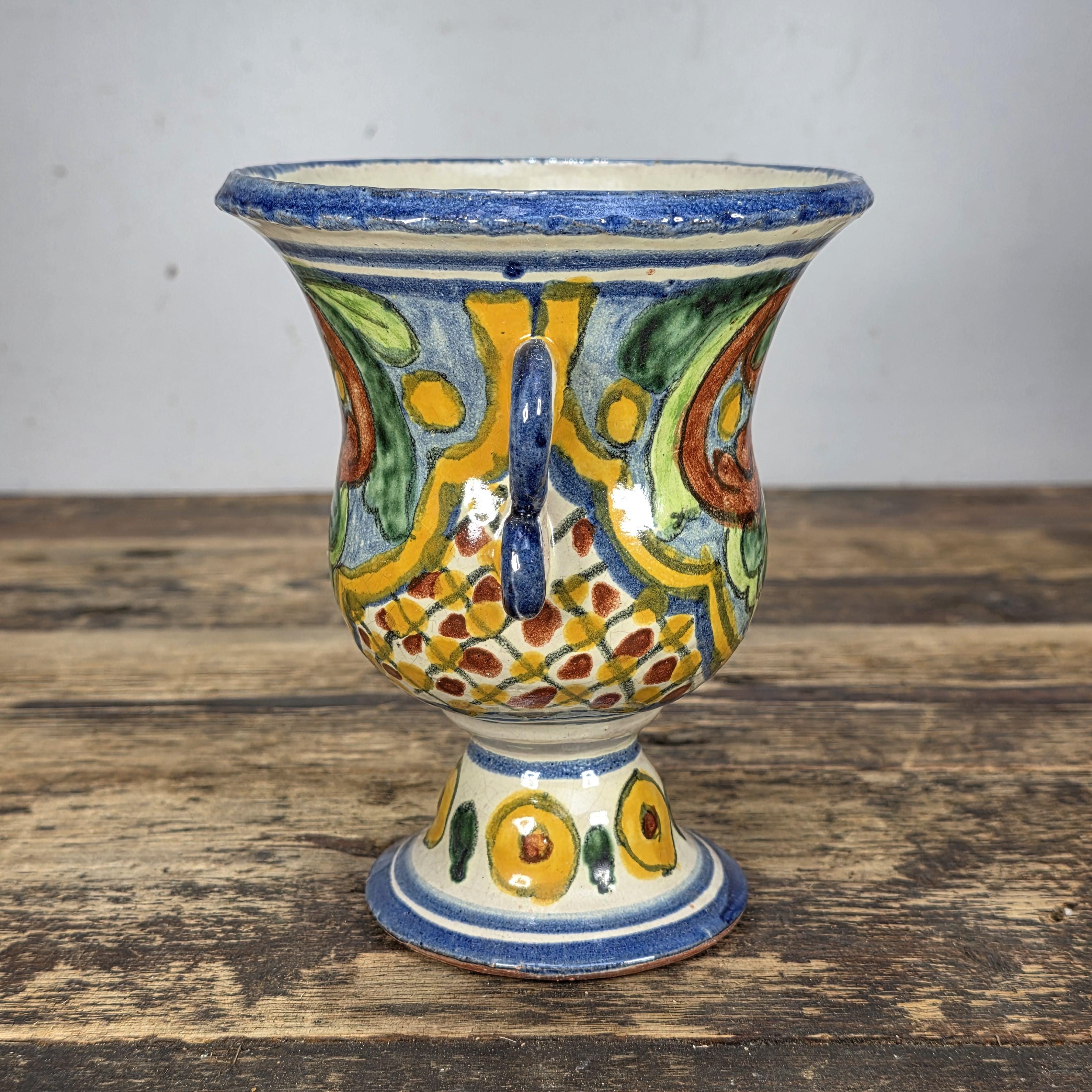 Vintage Mexican Talavera Hand-Painted Chalice Vase / Goblet Form Pottery