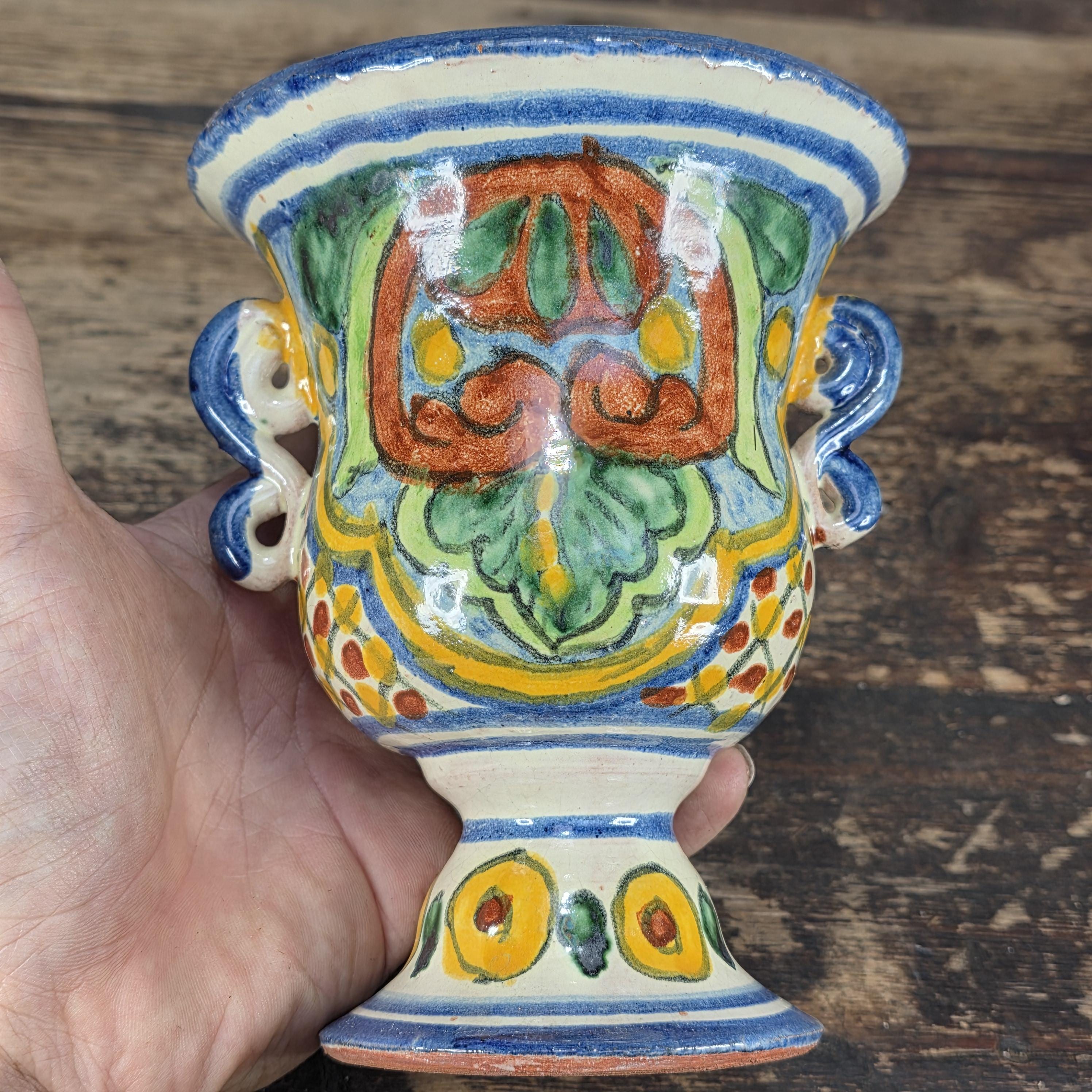 Vintage Mexican Talavera Hand-Painted Chalice Vase / Goblet Form Pottery