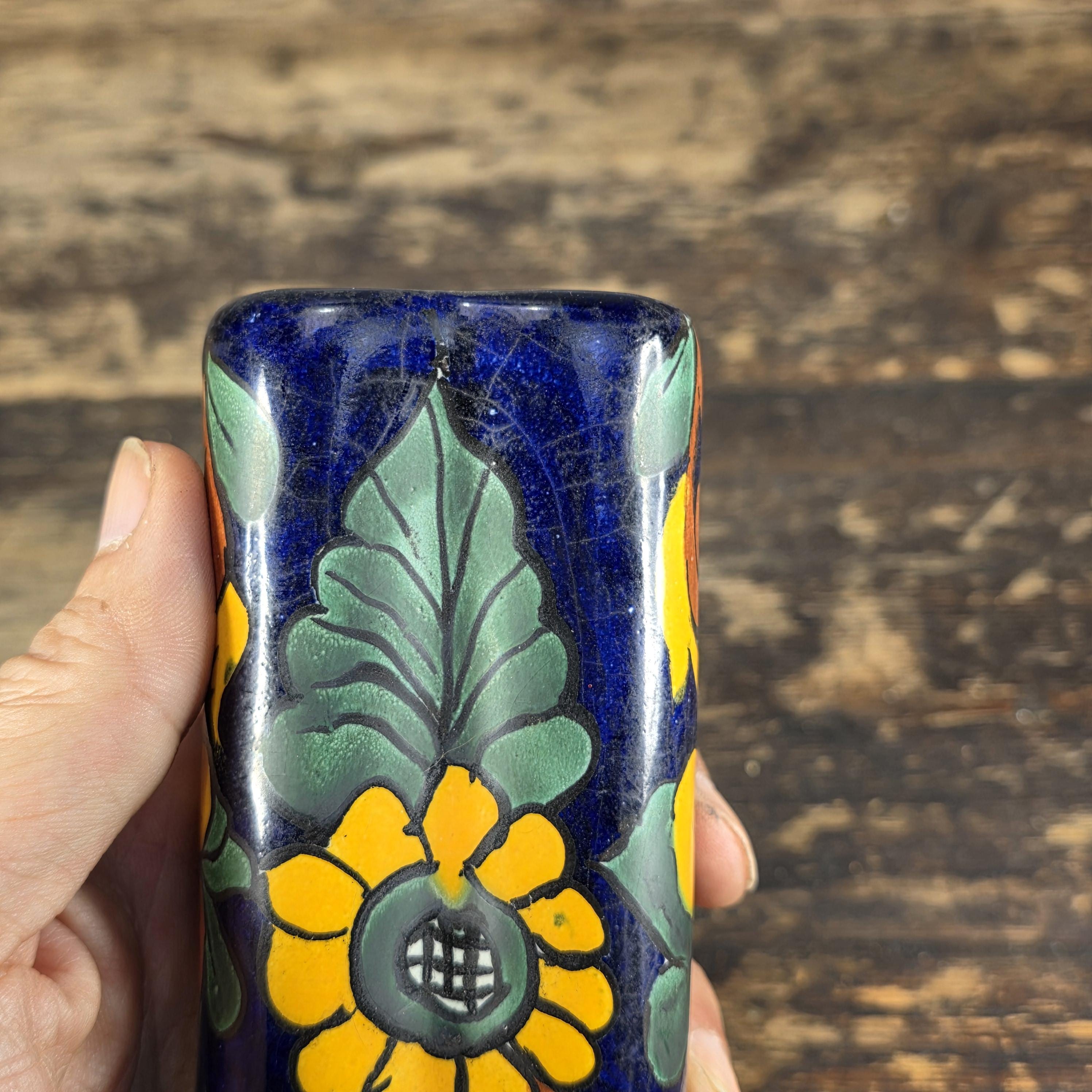 Vintage Talavera Mexico Heart Vase – Hand Painted Folk Art Ceramic 5.5"H