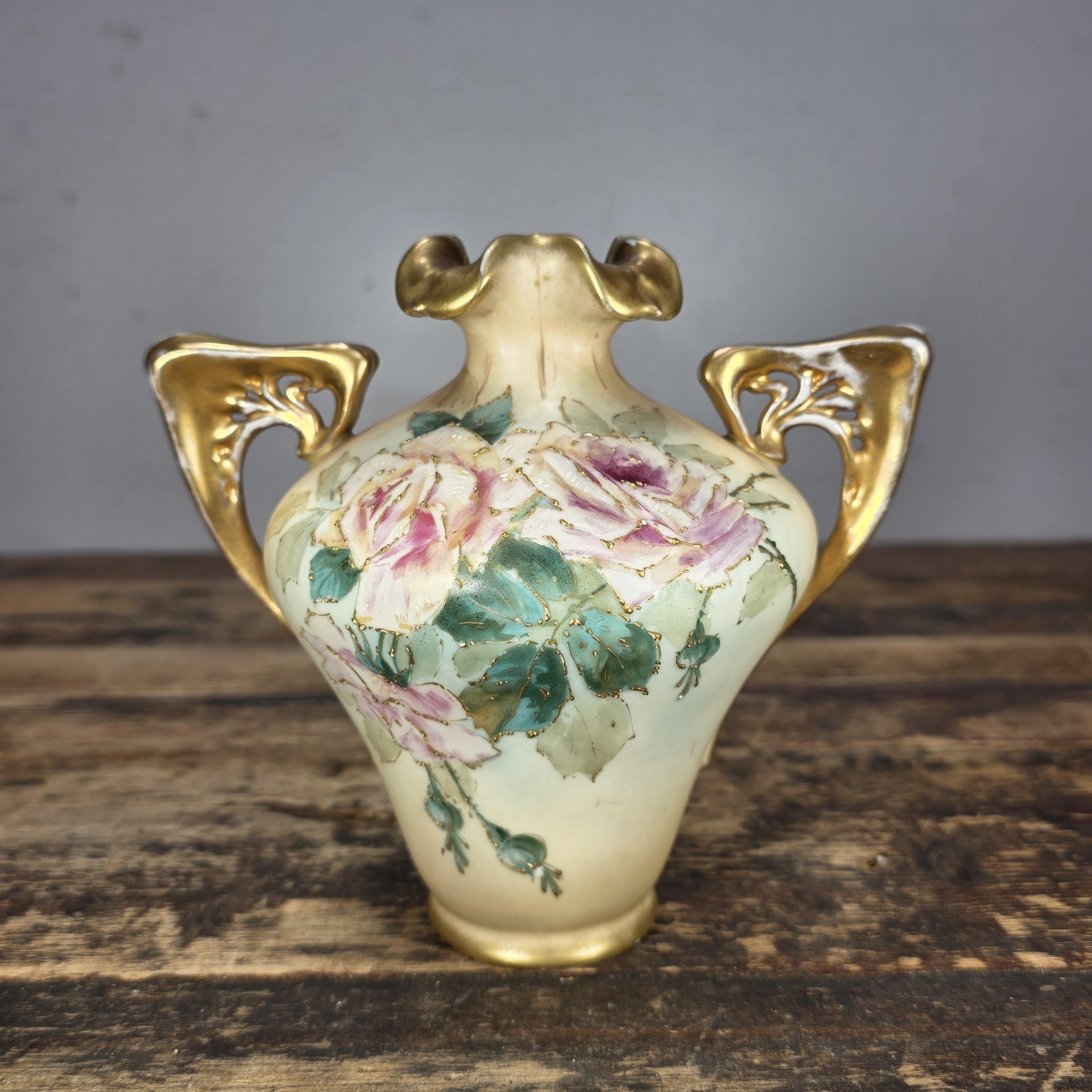Antique RStK Bohemia Amphora Style Vase Hand Painted Roses Gold Austria c.1900