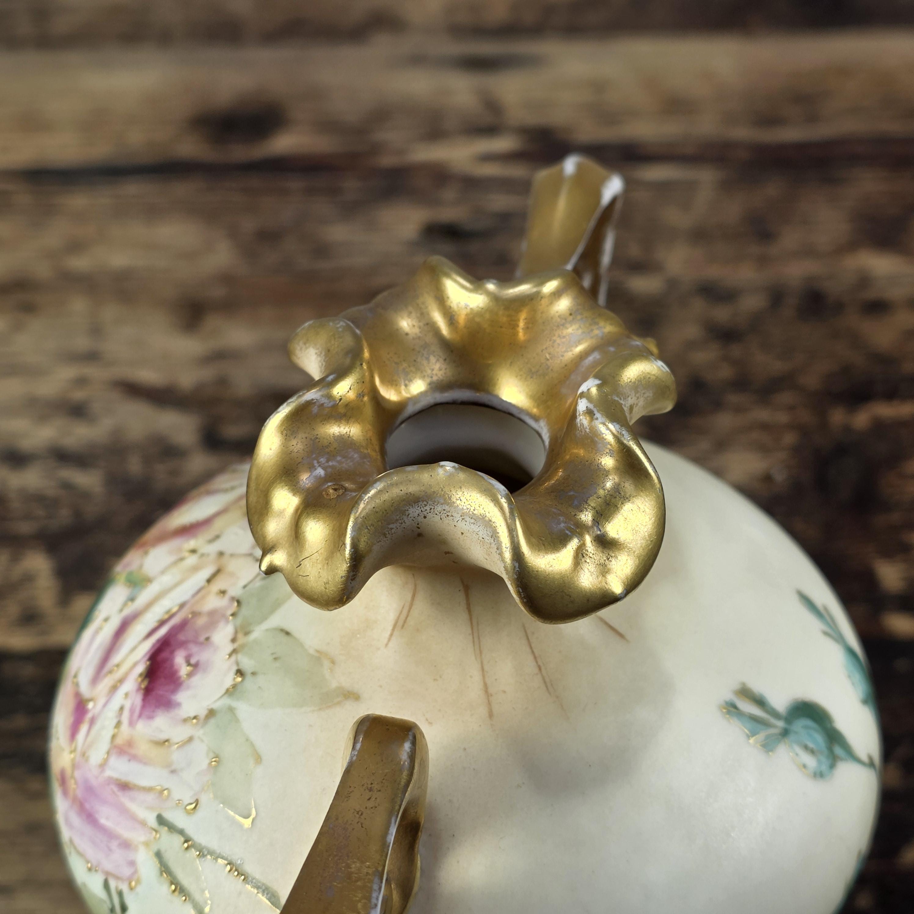 Antique RStK Bohemia Amphora Style Vase Hand Painted Roses Gold Austria c.1900