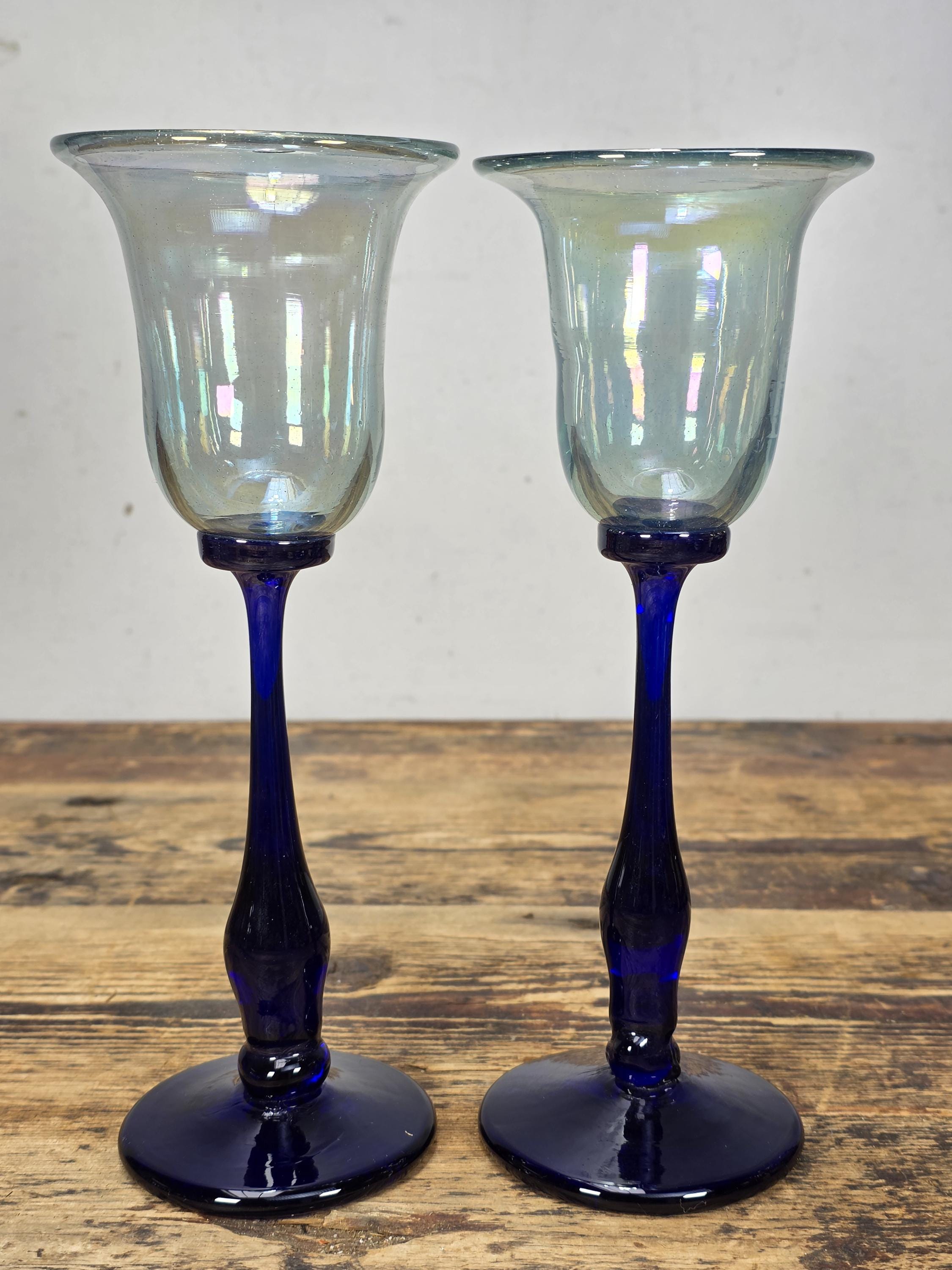 Set of 5 Rick Strini Art Glass Goblets Iridescent & Cobalt Blue Signed c.1970s