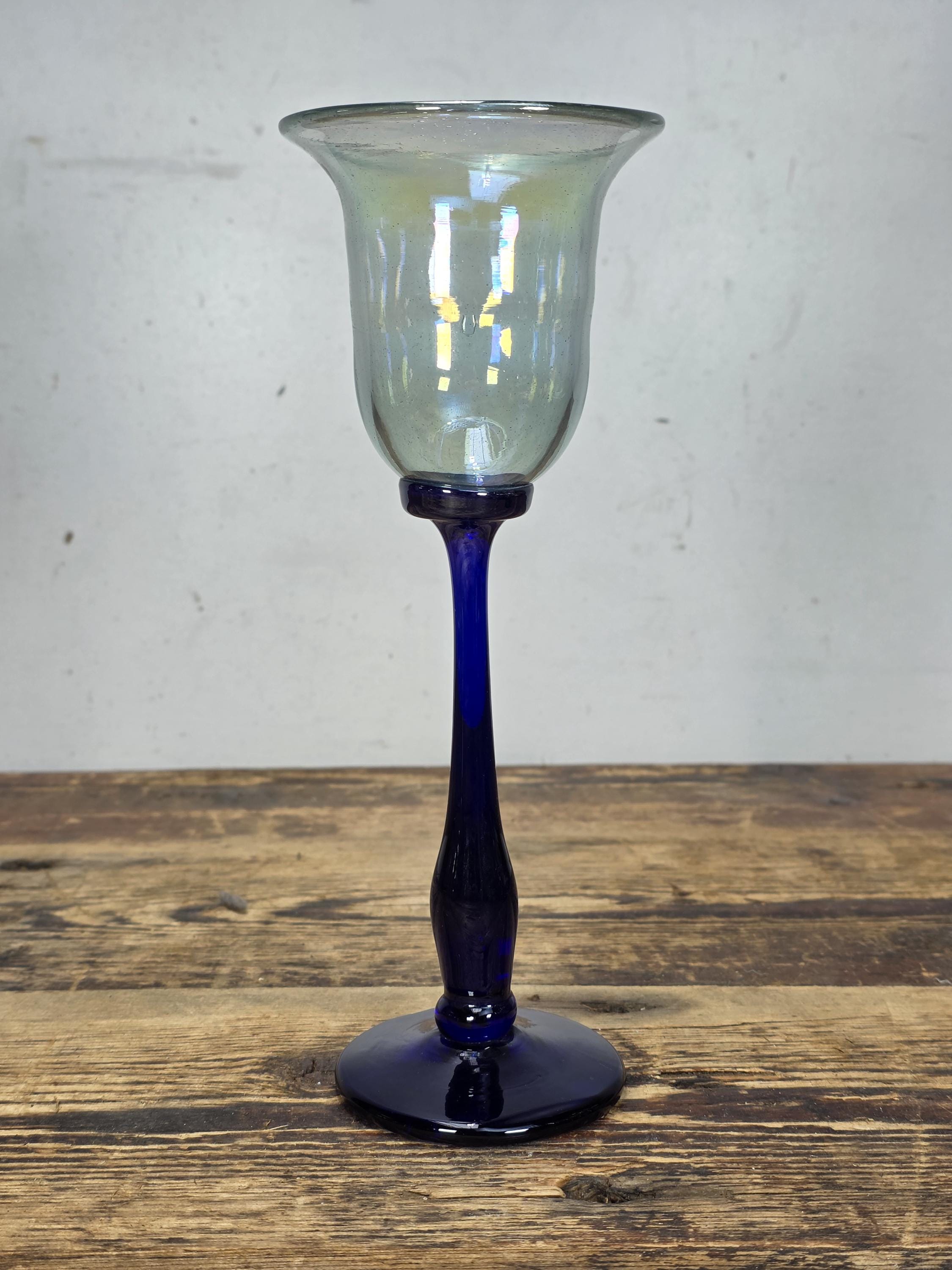 Set of 5 Rick Strini Art Glass Goblets Iridescent & Cobalt Blue Signed c.1970s