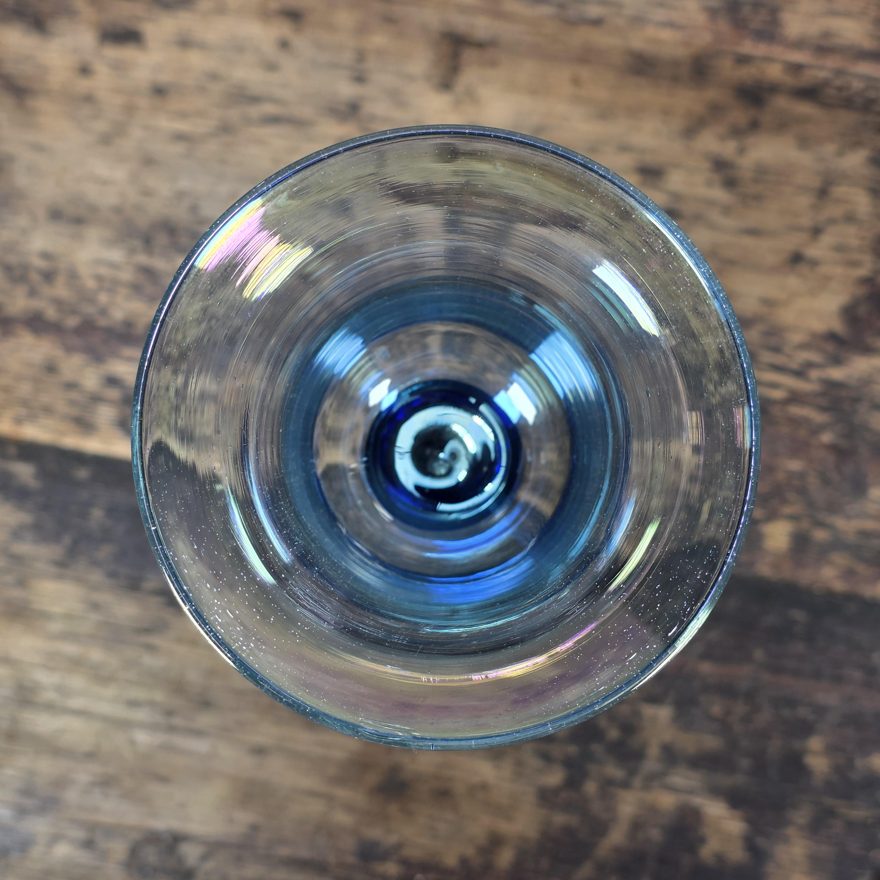 Set of 5 Rick Strini Art Glass Goblets Iridescent & Cobalt Blue Signed c.1970s