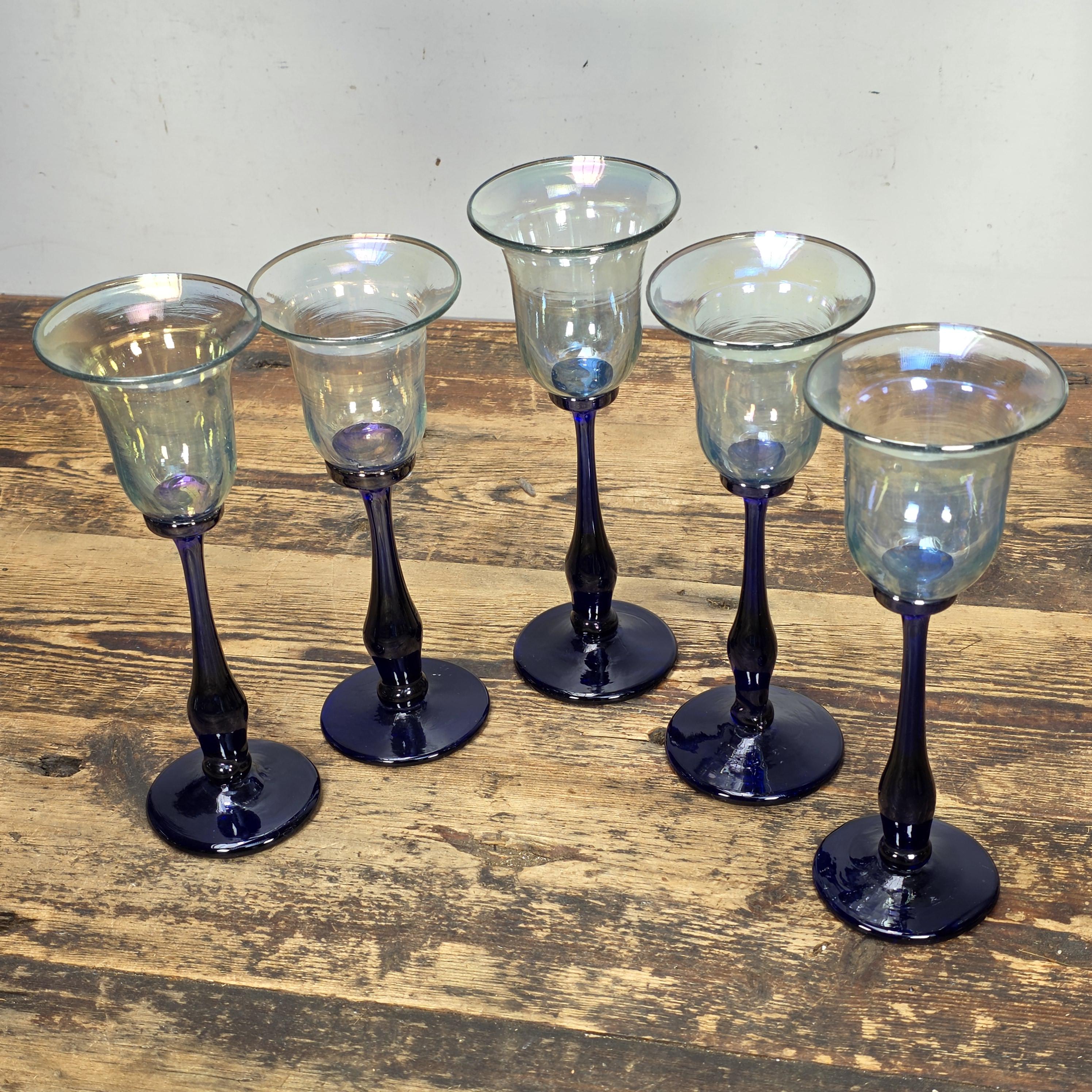 Set of 5 Rick Strini Art Glass Goblets Iridescent & Cobalt Blue Signed c.1970s