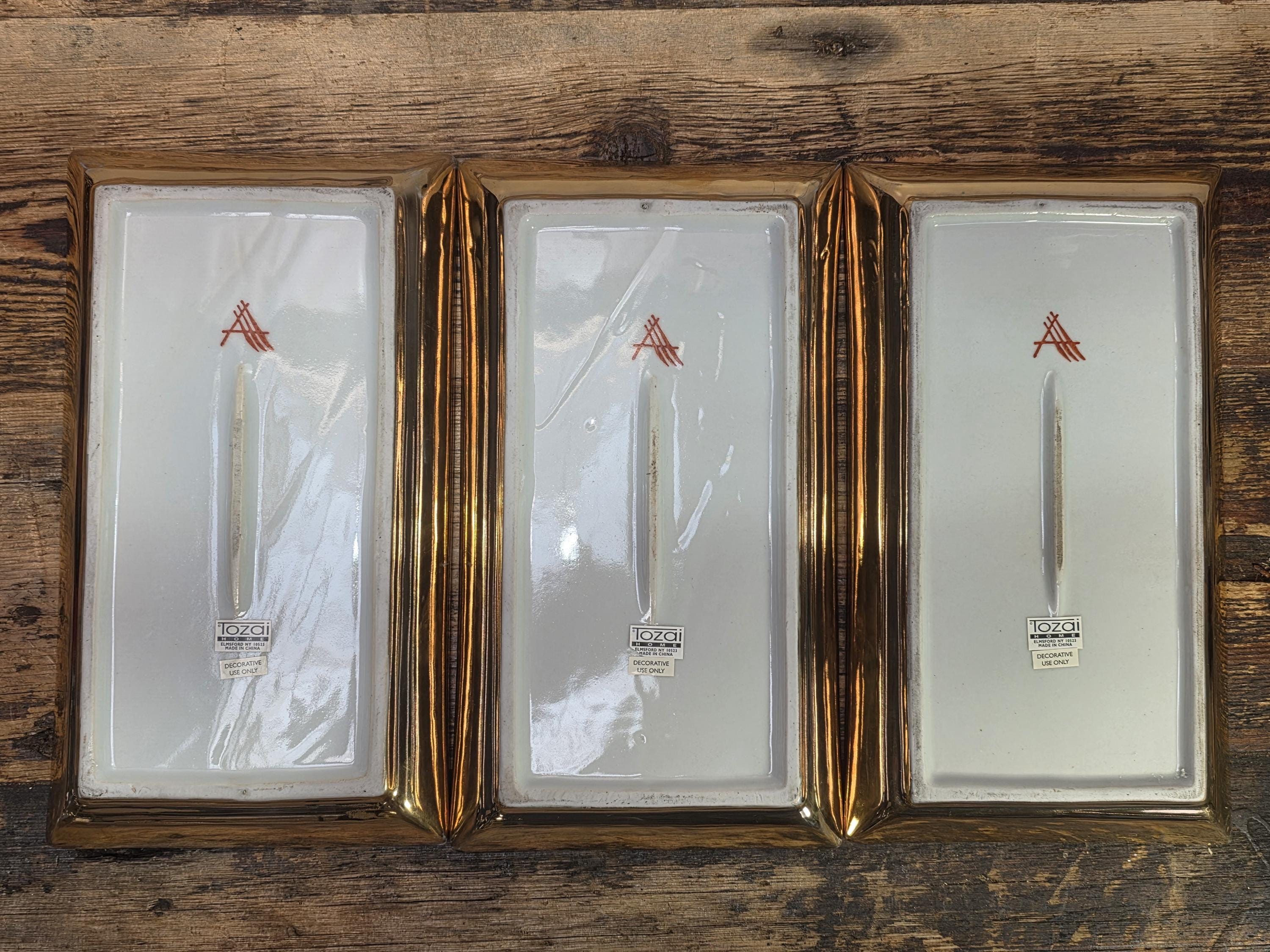 Tozai Home Gold Ceramic Rectangular Trays 9.75" Metallic Finish Plates Set of 3