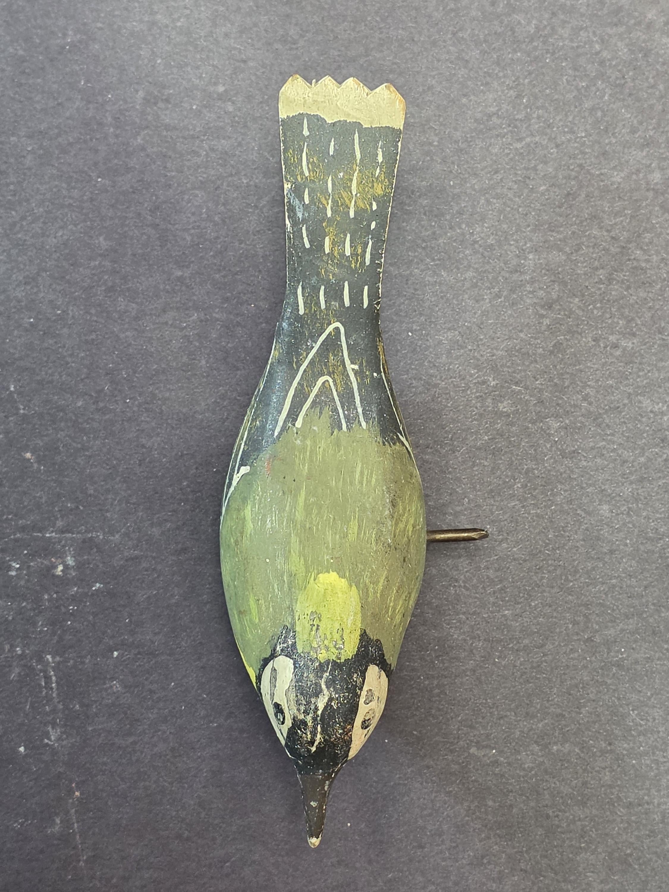 Svensk Slöjd Sweden Hand Carved Painted Wooden Bird — Green Yellow Folk Art Deco