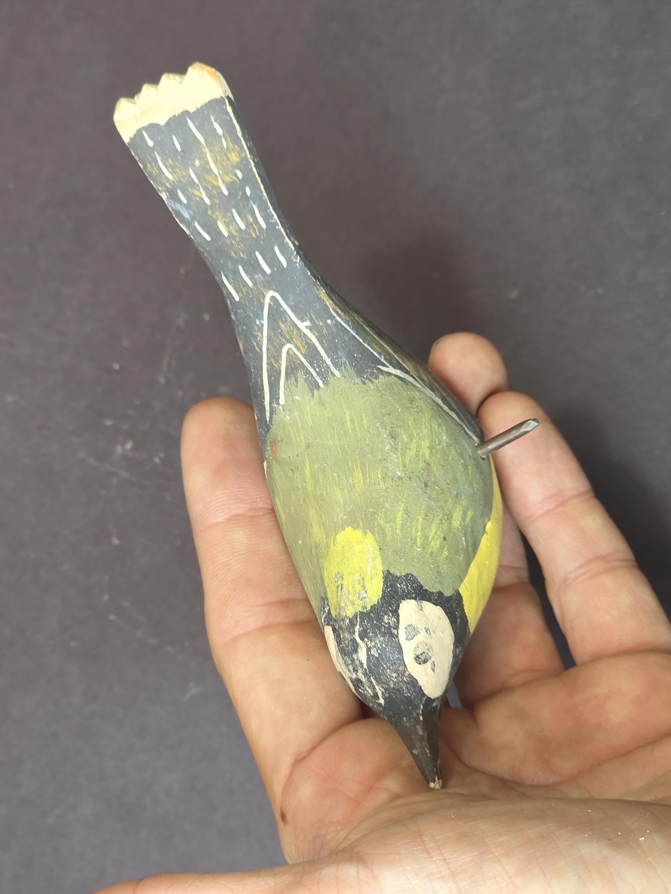 Svensk Slöjd Sweden Hand Carved Painted Wooden Bird — Green Yellow Folk Art Deco