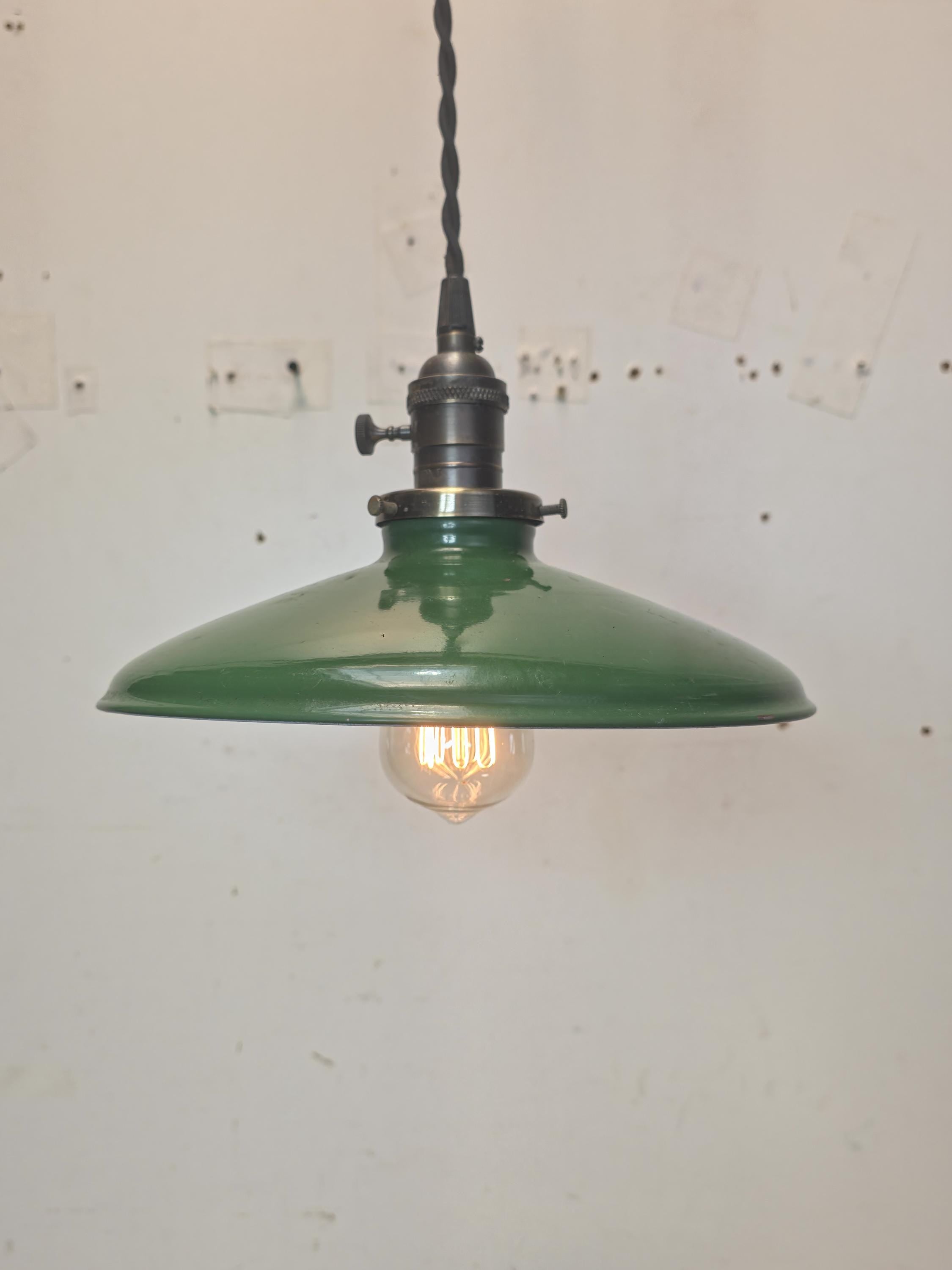 Vintage Green Enamel Pendant Light 10" Shade w/ GBPL Brass Socket