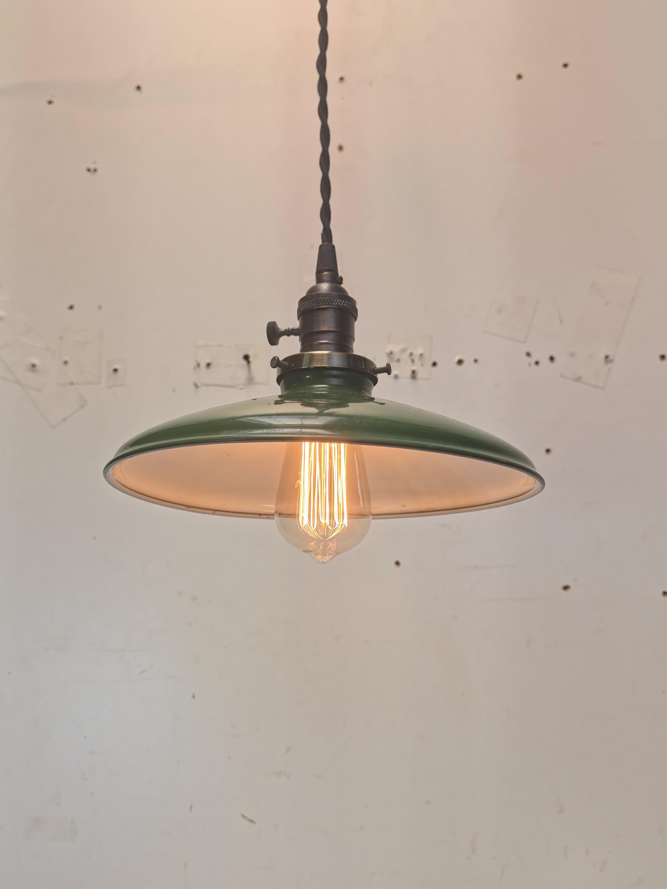 Vintage Green Enamel Pendant Light 10" Shade w/ GBPL Brass Socket