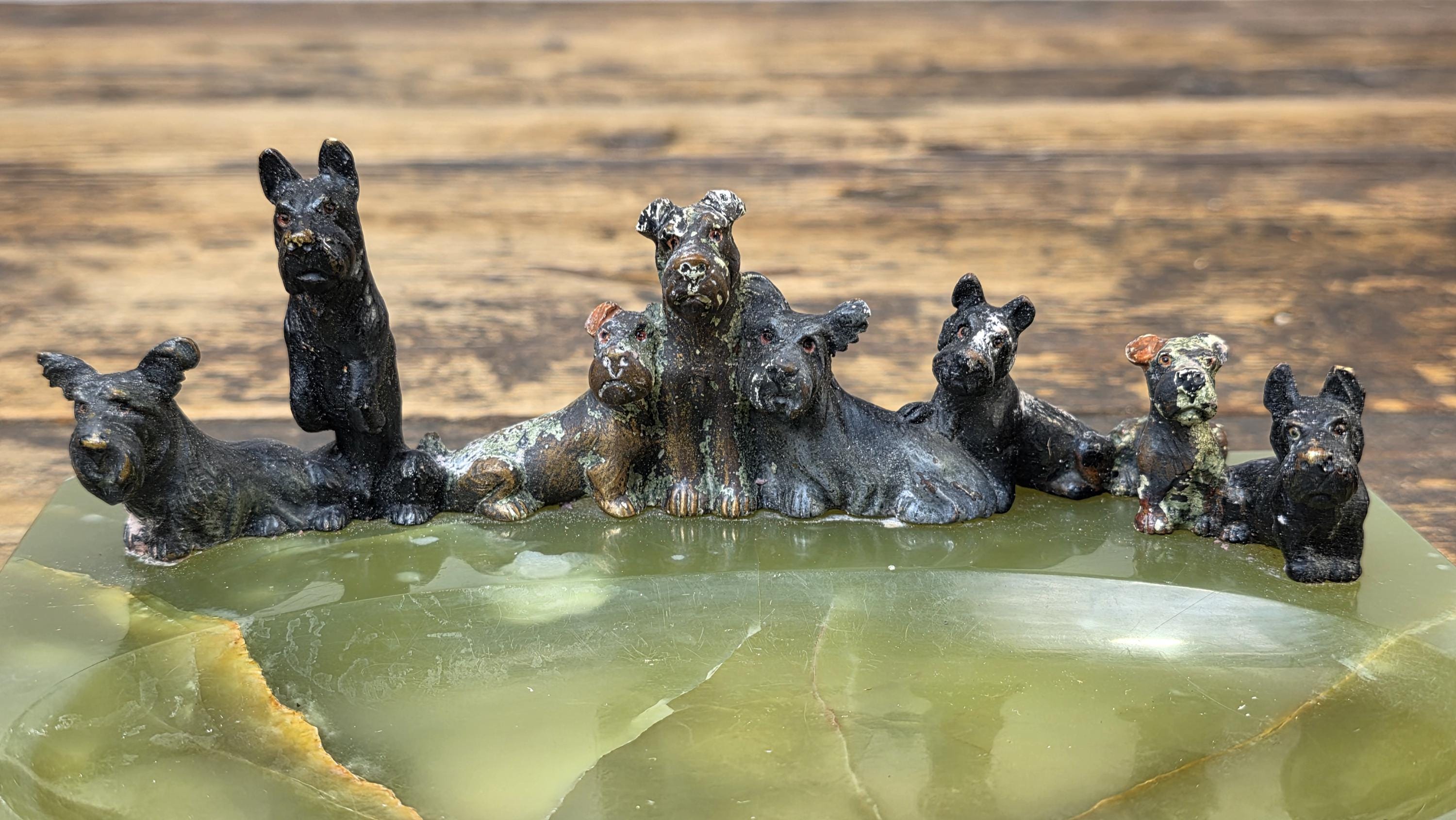 Rare Austrian Cold Painted Bronze Terrier Group on Green Onyx Tray c.1930