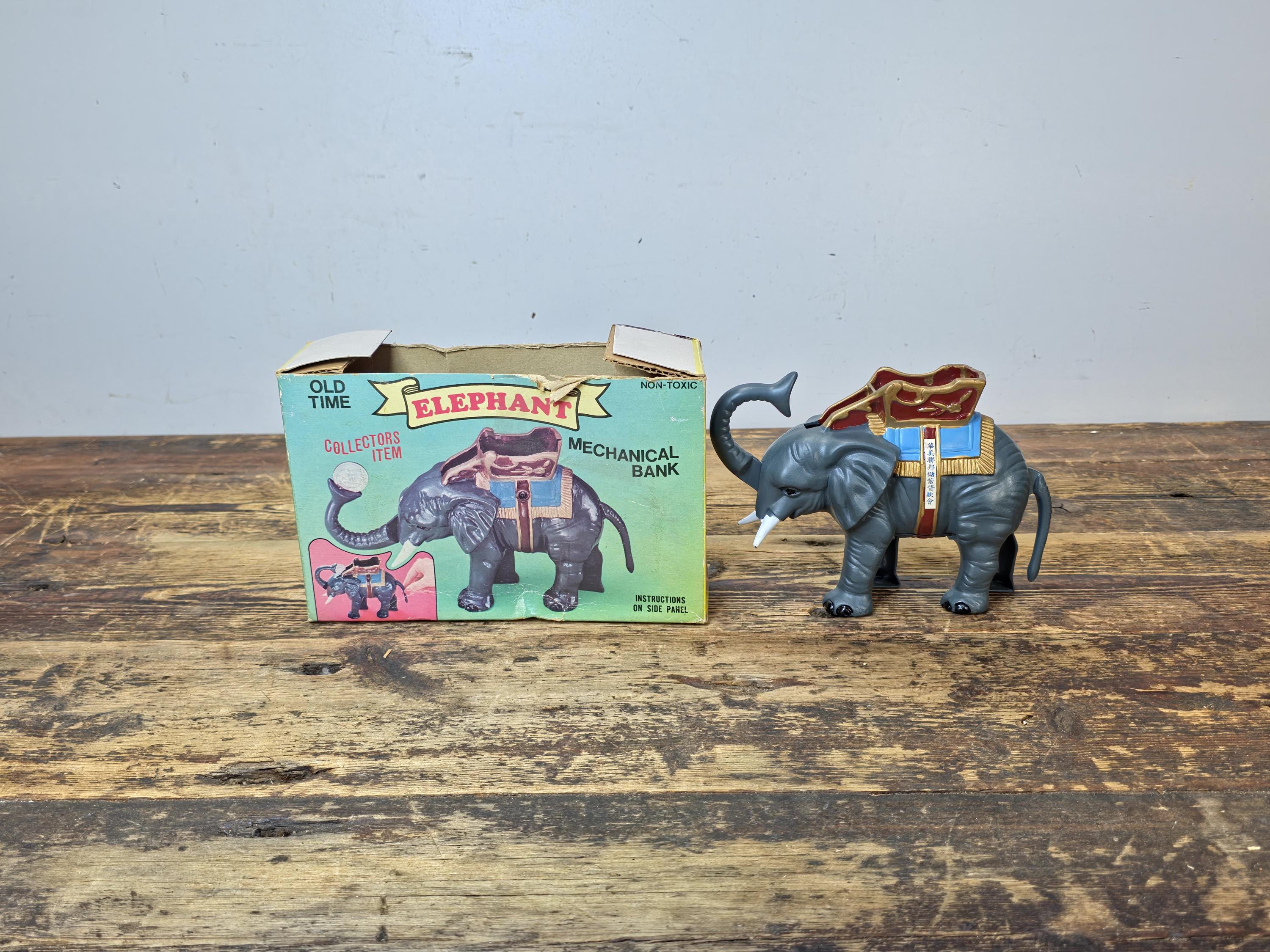 Vintage 1975 J.N.N.Y. Elephant Coin Bank — Made in Hong Kong w/ Box