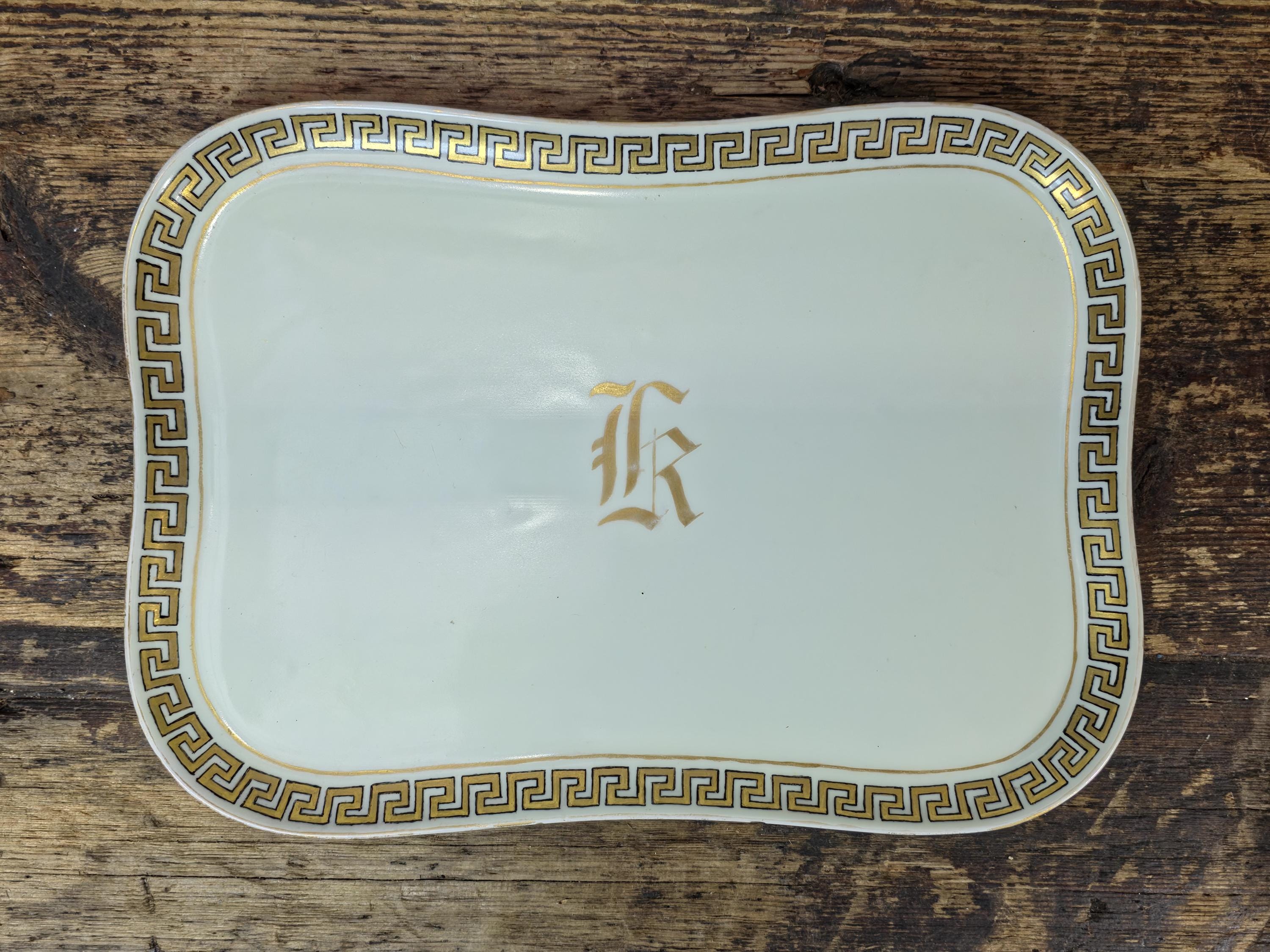 Limoges France Porcelain Tray with Gilt Monogram & Greek Key Border — c.1900s