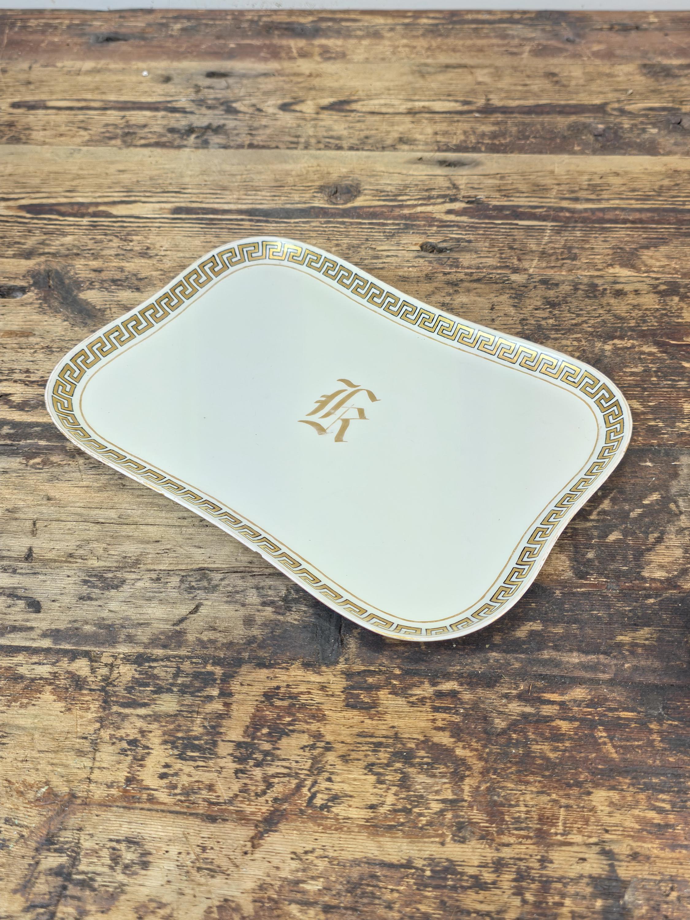 Limoges France Porcelain Tray with Gilt Monogram & Greek Key Border — c.1900s