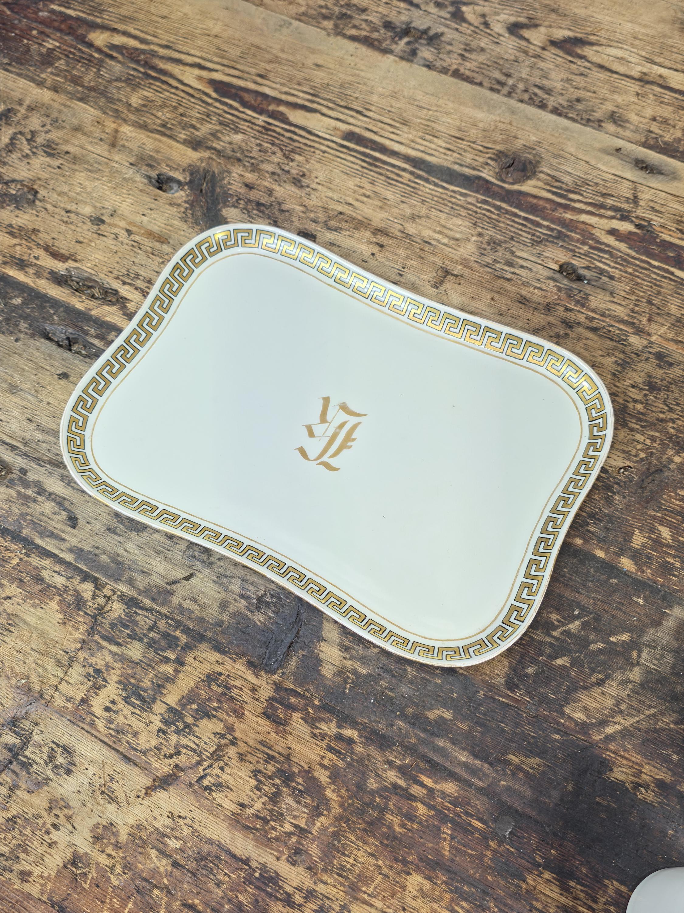 Limoges France Porcelain Tray with Gilt Monogram & Greek Key Border — c.1900s