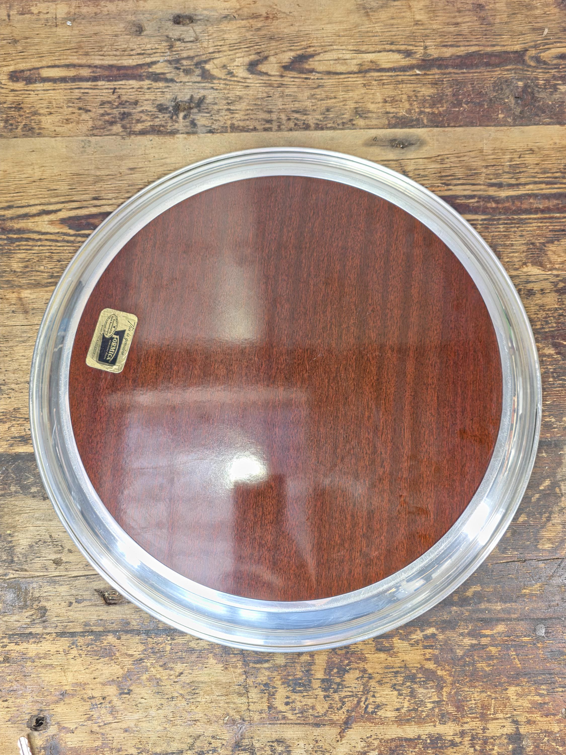 Vintage Formica Woodgrain Tray w/ Silver-Plated Aluminum Rim 16.5" — Mid Century