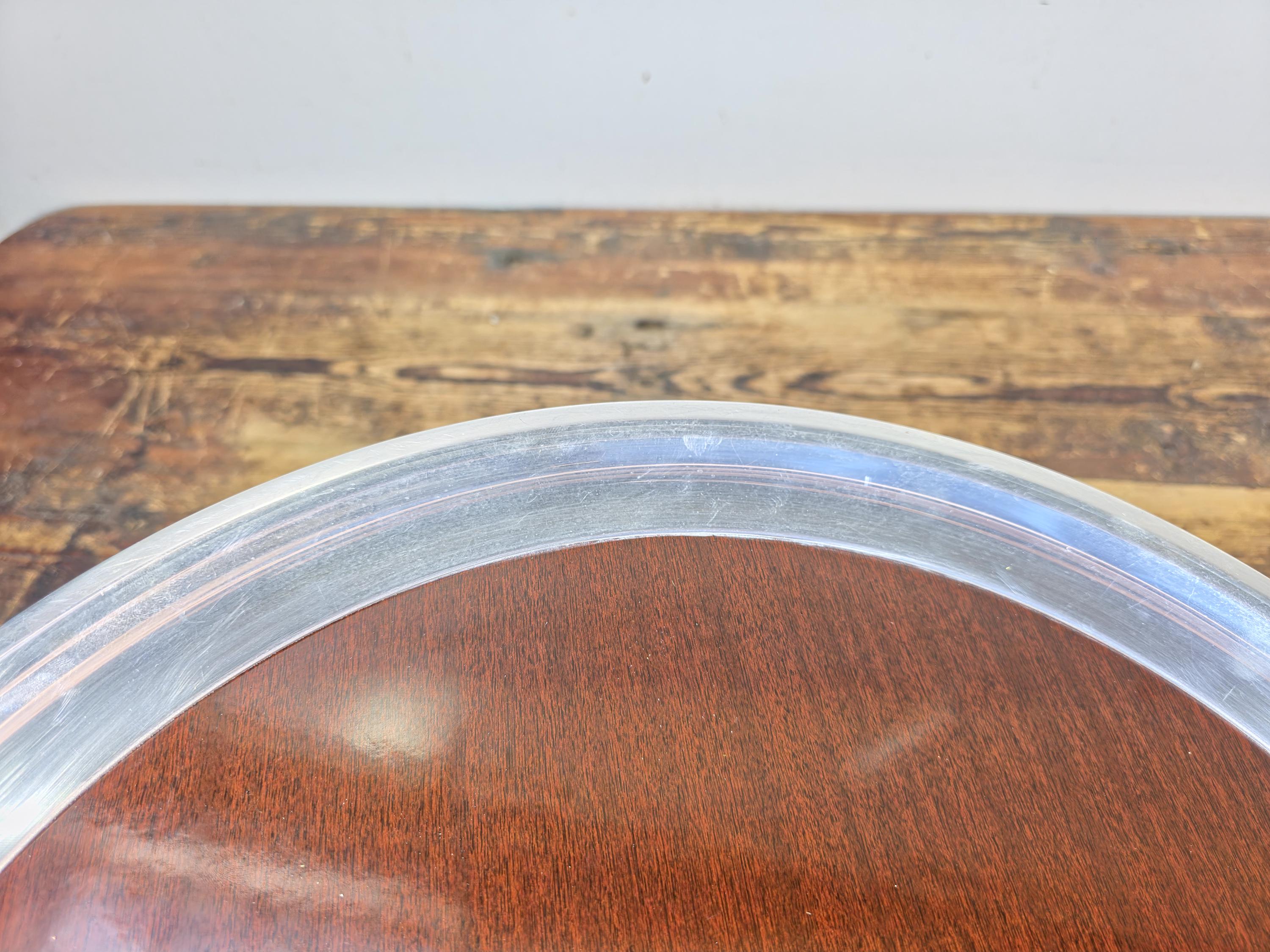 Vintage Formica Woodgrain Tray w/ Silver-Plated Aluminum Rim 16.5" — Mid Century