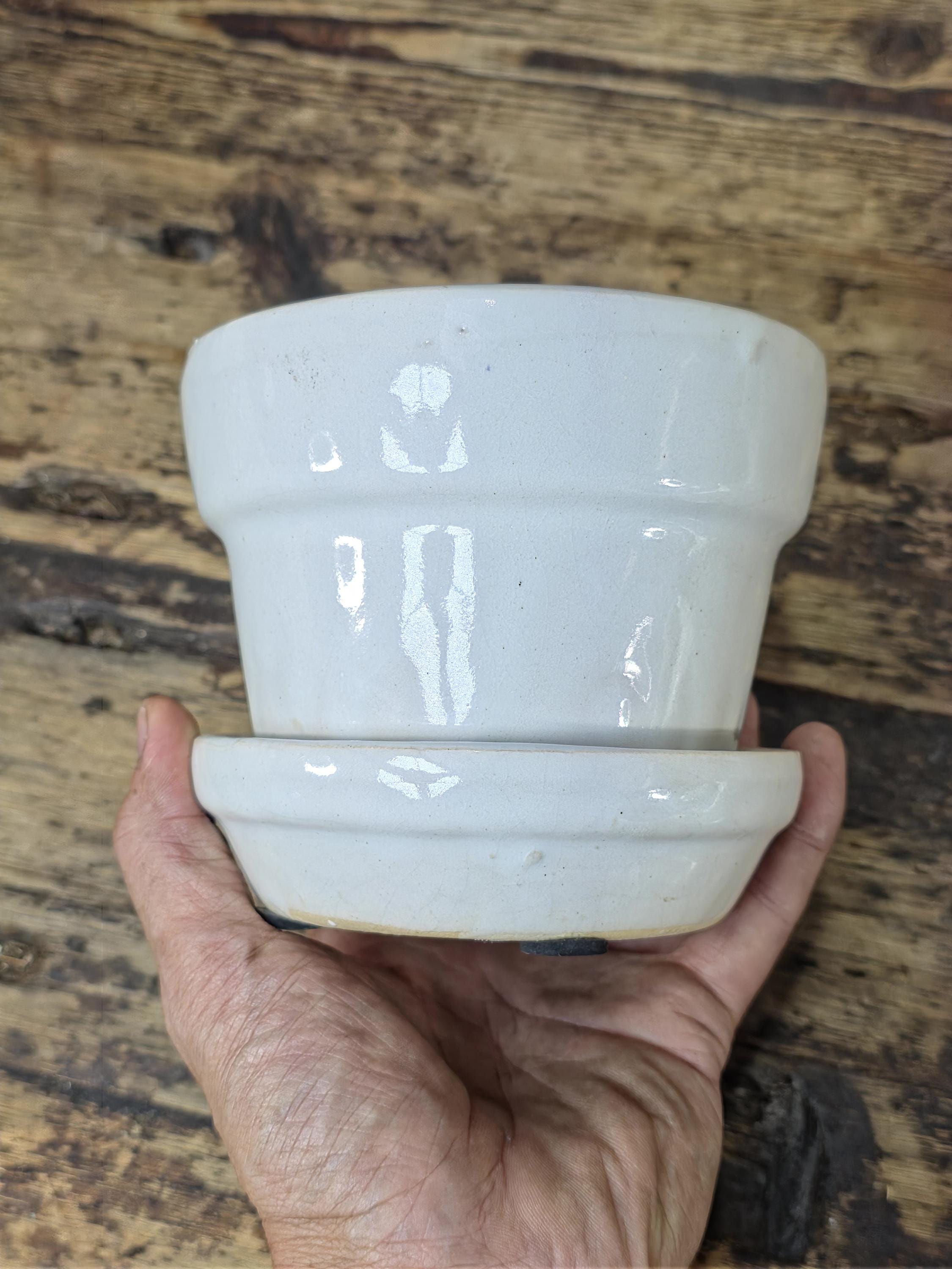 Vintage Small White Glazed Pottery Planter with Saucer — Minimalist Studio Style