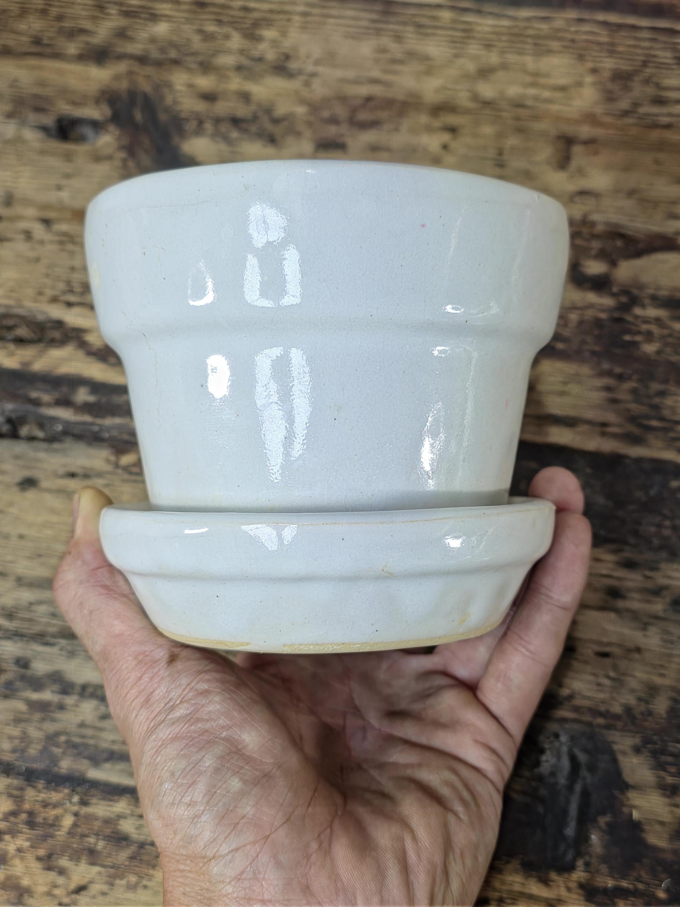 Vintage Small White Glazed Pottery Planter with Saucer — Minimalist Studio Style