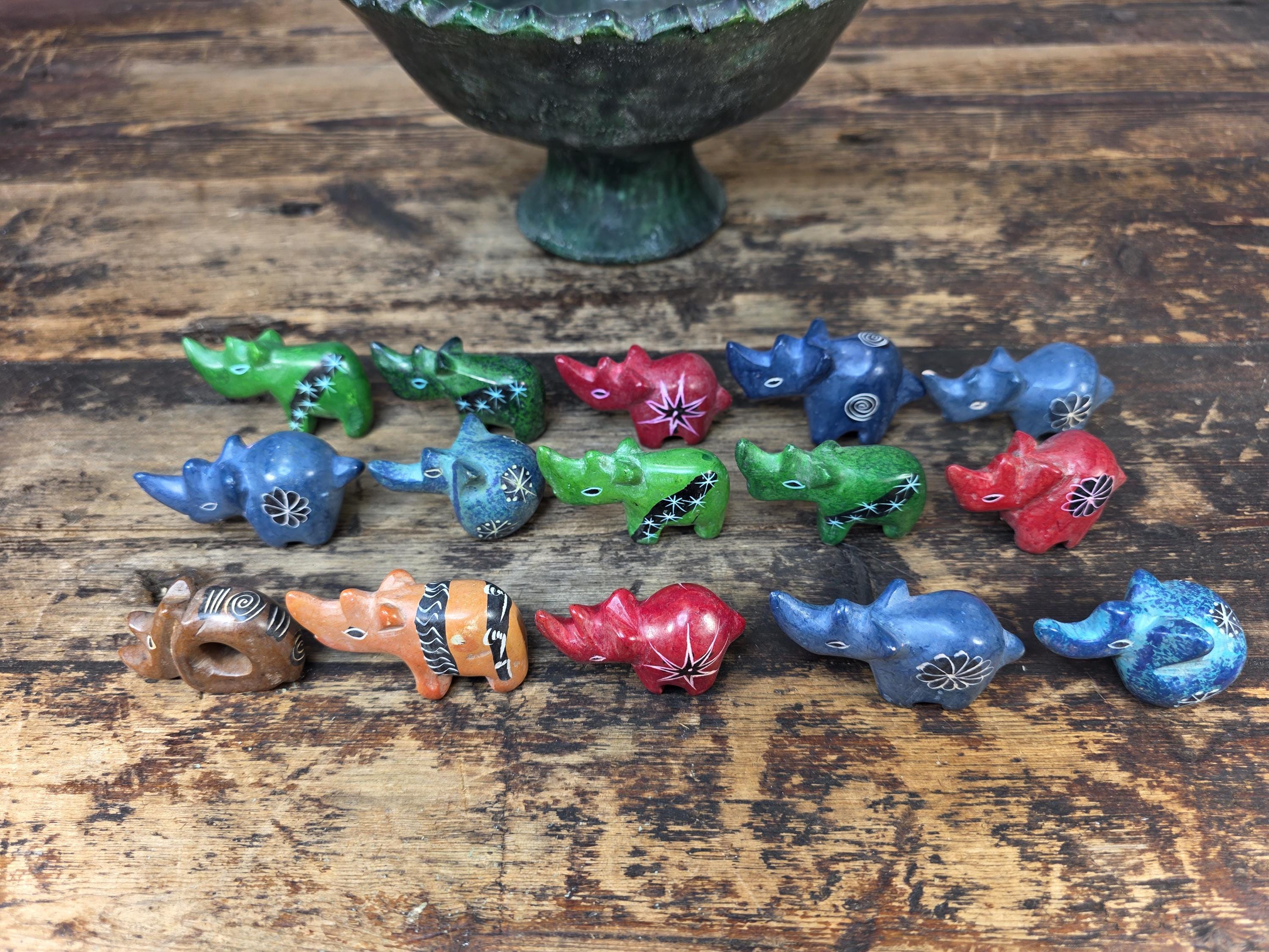 Tamegroute Green Pedestal Bowl with 15 African Soapstone Rhino Figurines