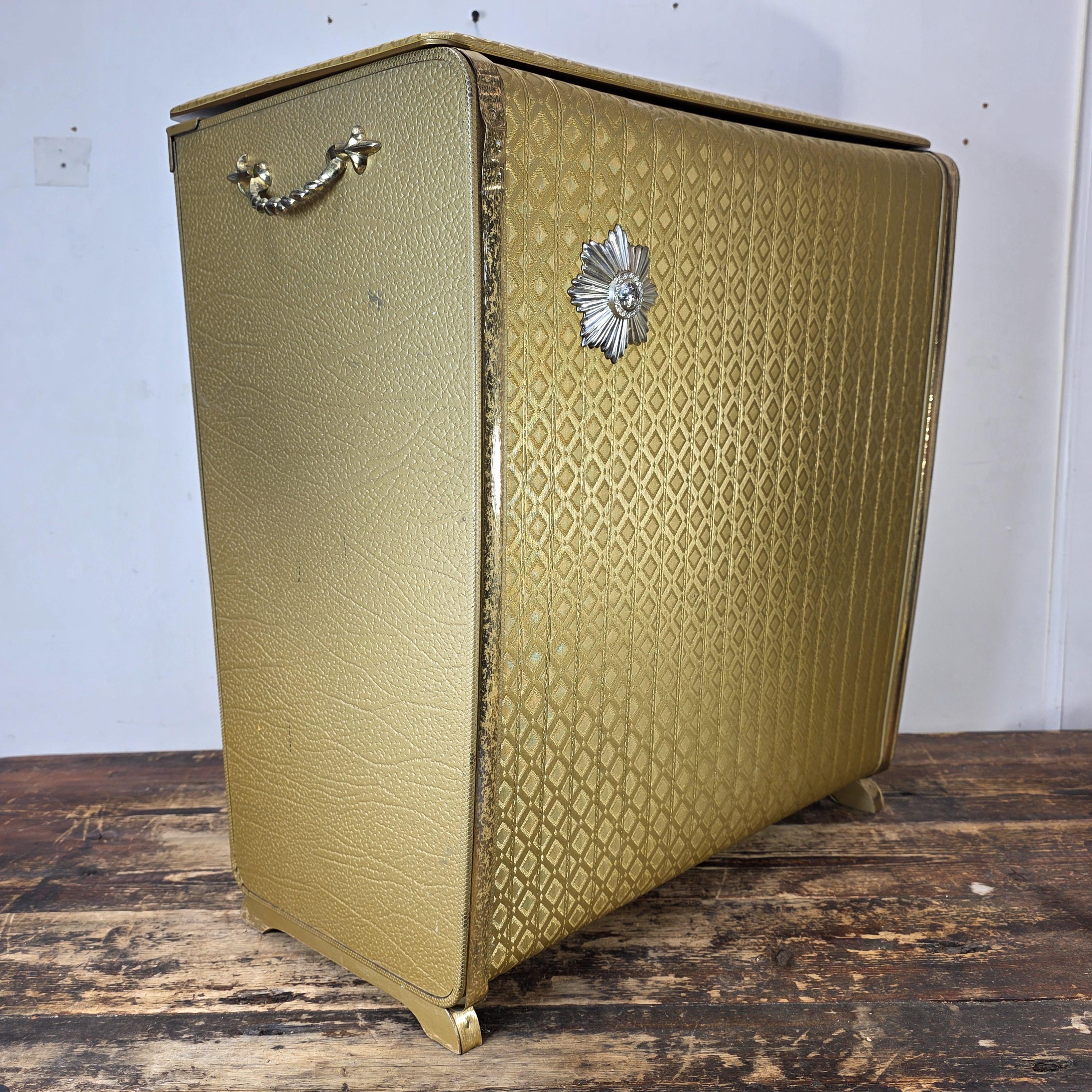 Vintage Pearl-Wick Clothes Hamper Gold Vinyl Woven Pattern 1960s Mid Century