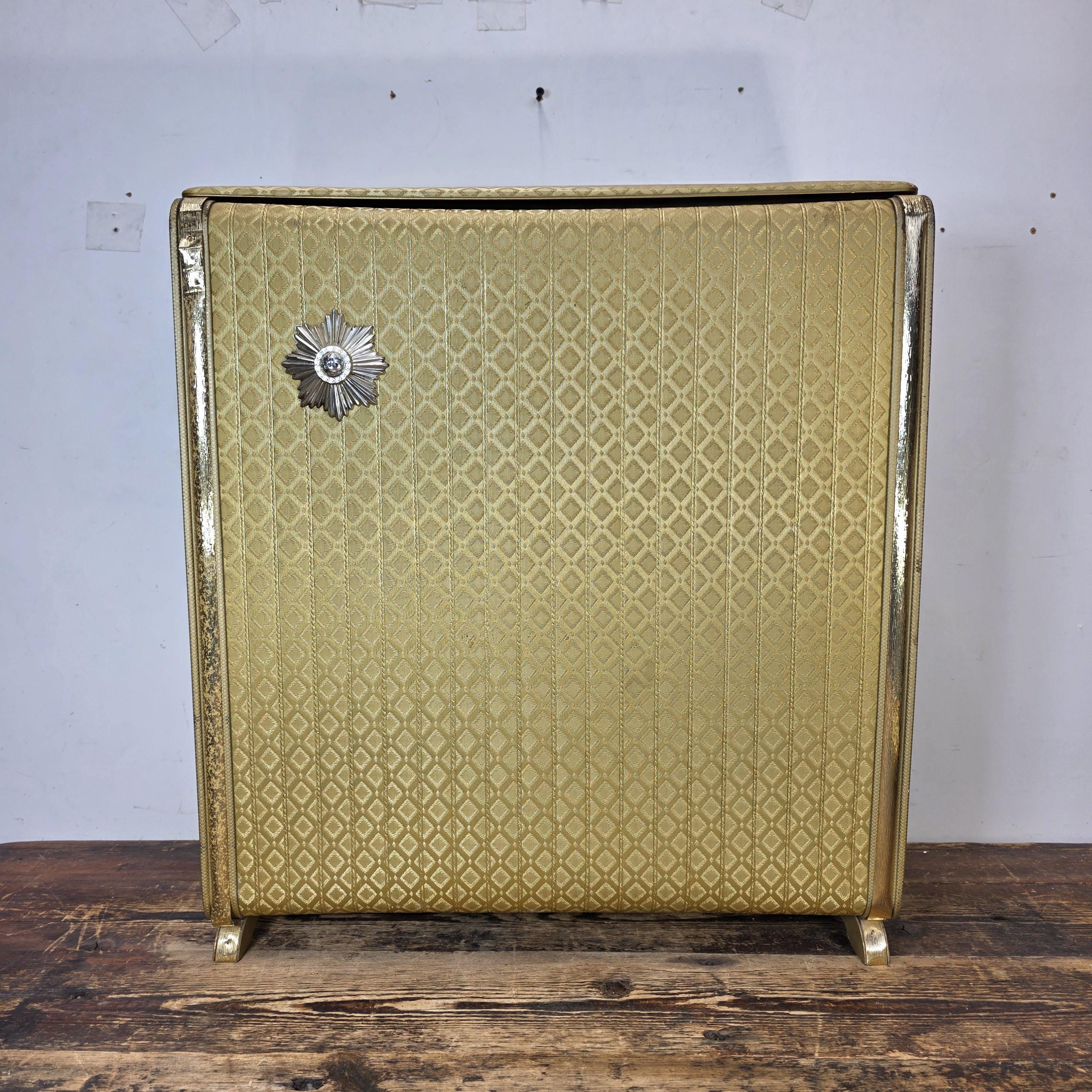 Vintage Pearl-Wick Clothes Hamper Gold Vinyl Woven Pattern 1960s Mid Century