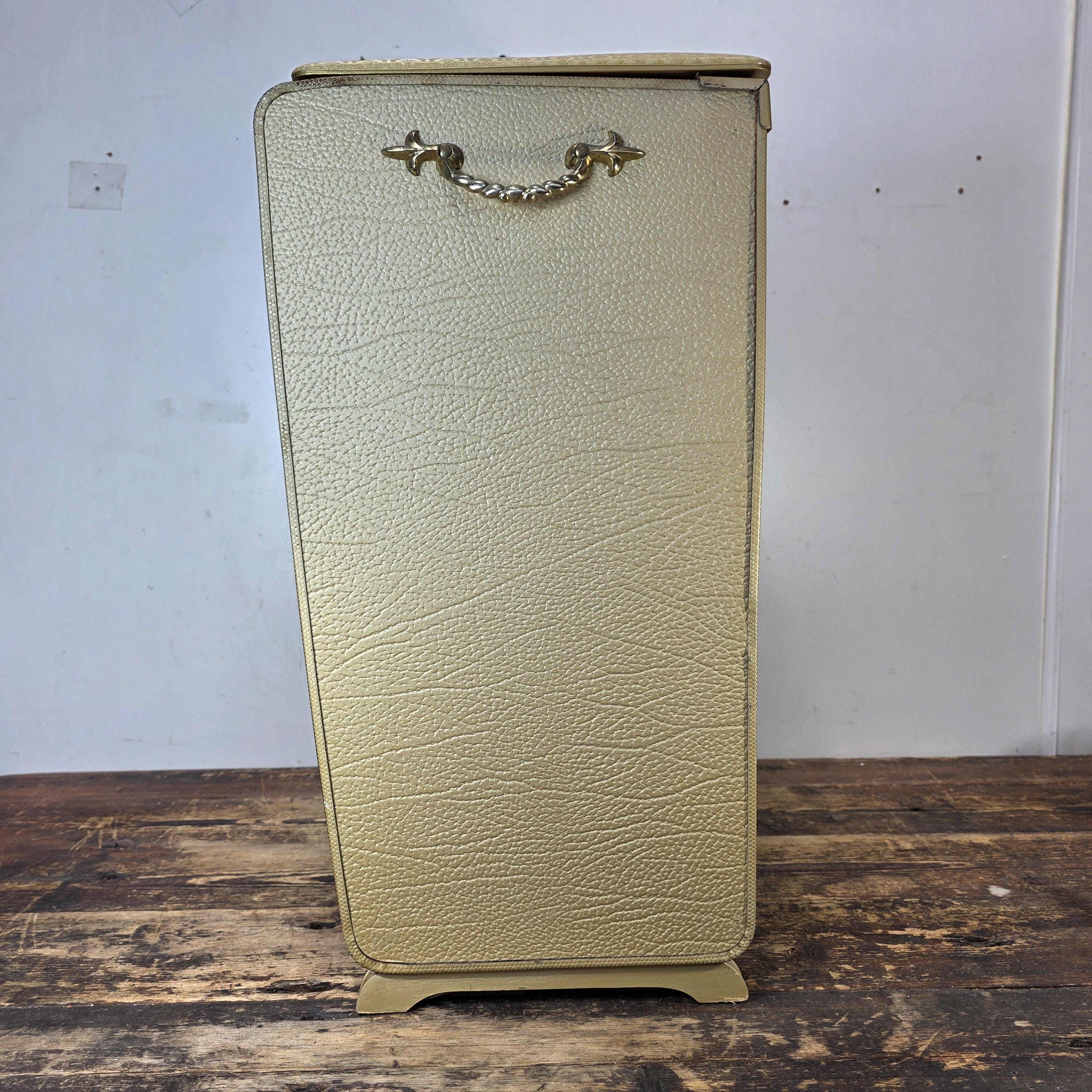 Vintage Pearl-Wick Clothes Hamper Gold Vinyl Woven Pattern 1960s Mid Century