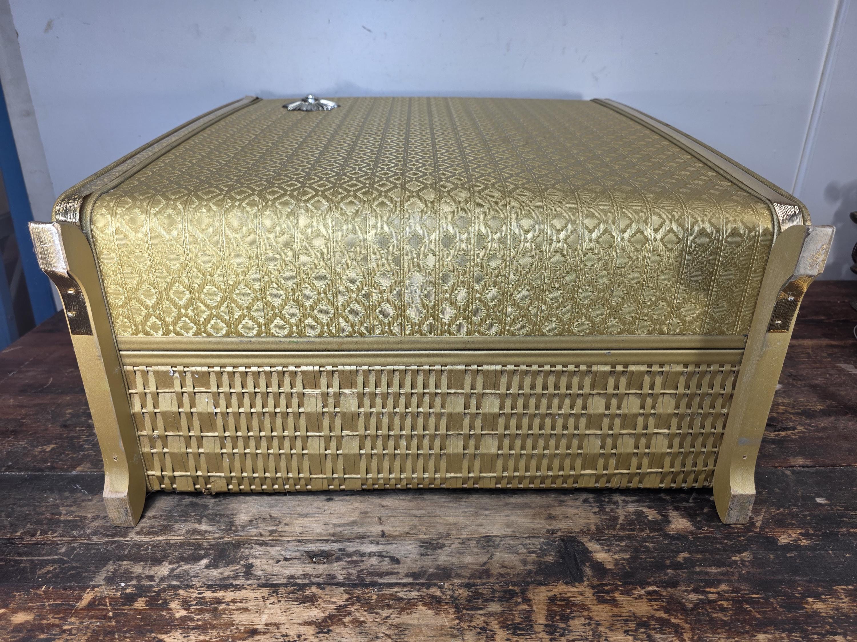 Vintage Pearl-Wick Clothes Hamper Gold Vinyl Woven Pattern 1960s Mid Century